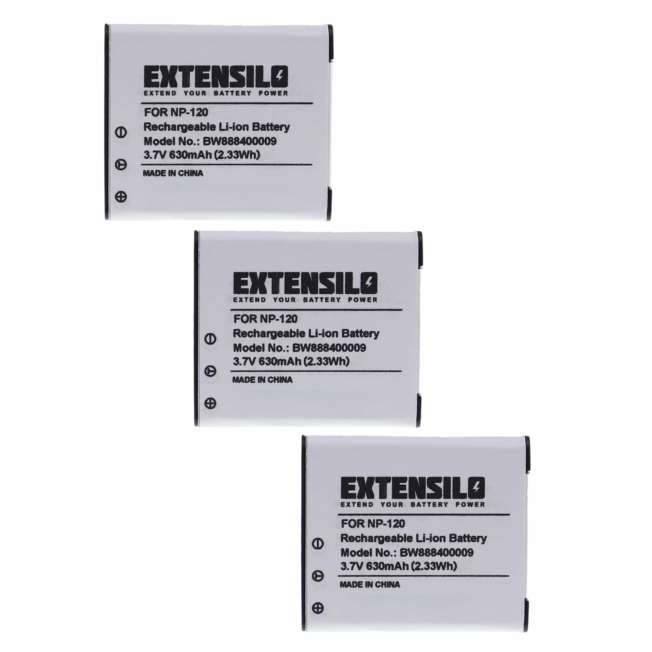 3x Battery replaces Casio NP-120DBA, NP-120 - 630mAh, 3.7V, Li-Ion
