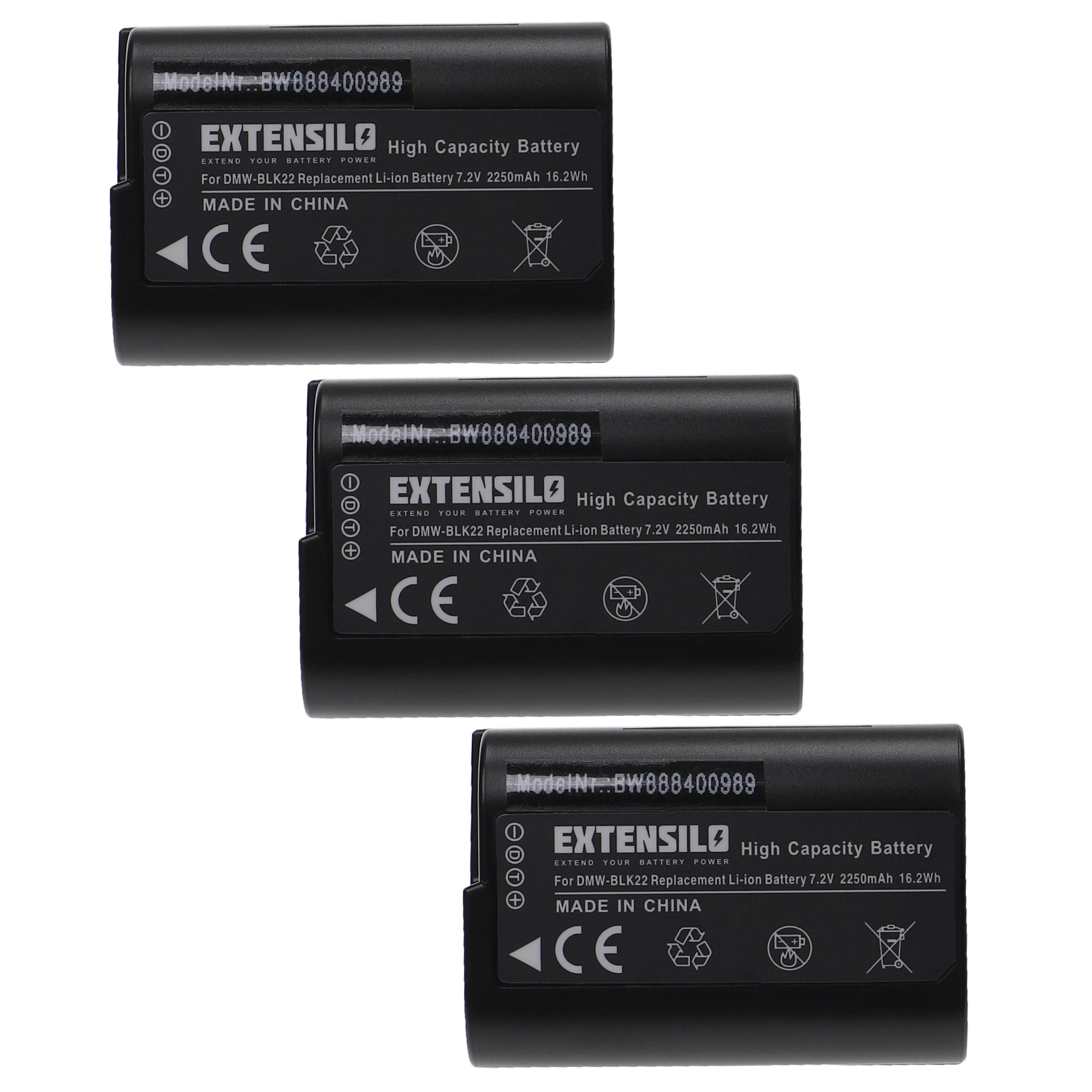 3x Battery replaces Panasonic DMW-BLK22, DMW-BLK22, DMW-BLK22GK - 2250mAh, 7.2V, Li-Ion