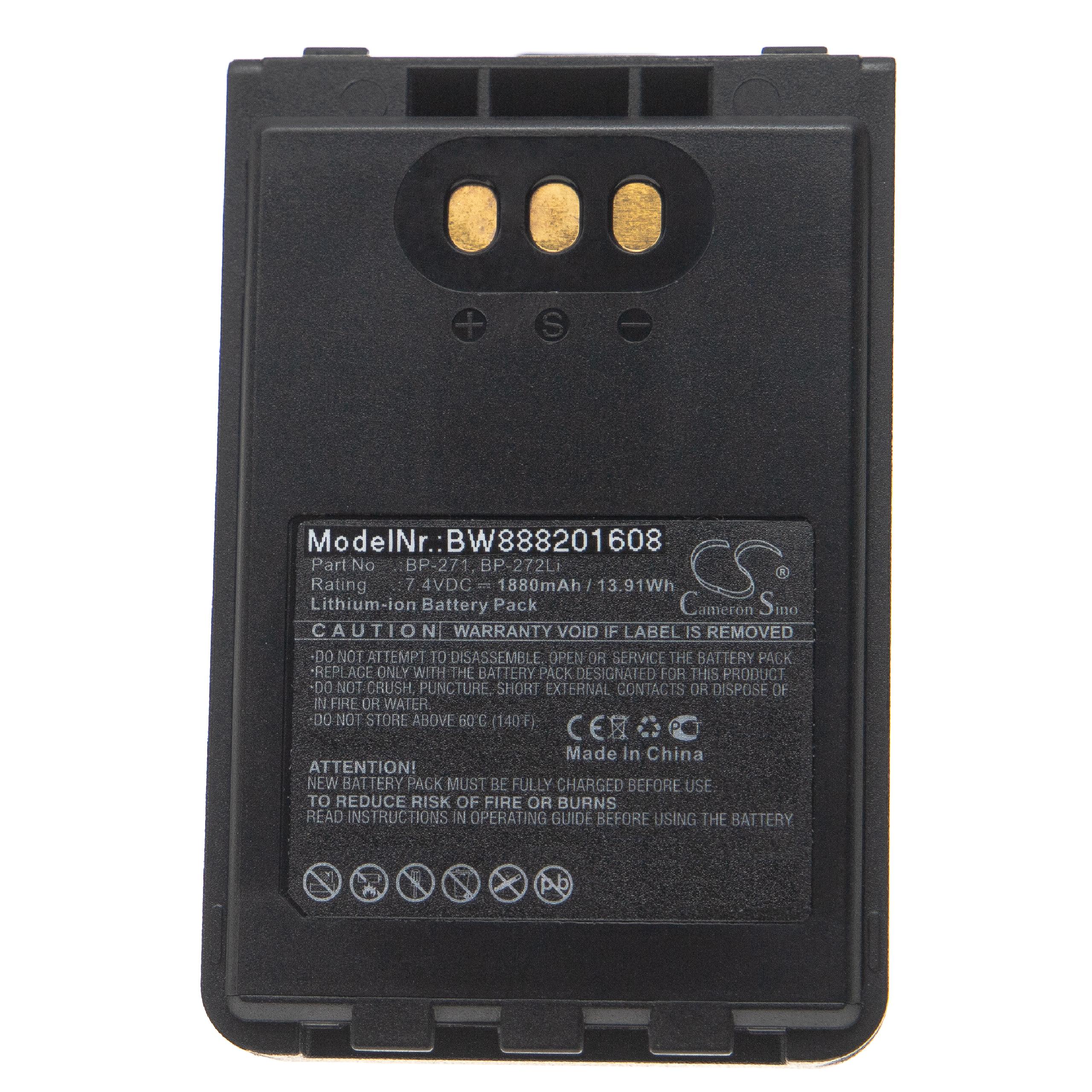 Batterie remplace Icom BP-271, BP-272Li pour radio talkie-walkie - 1880mAh 7,4V Li-ion