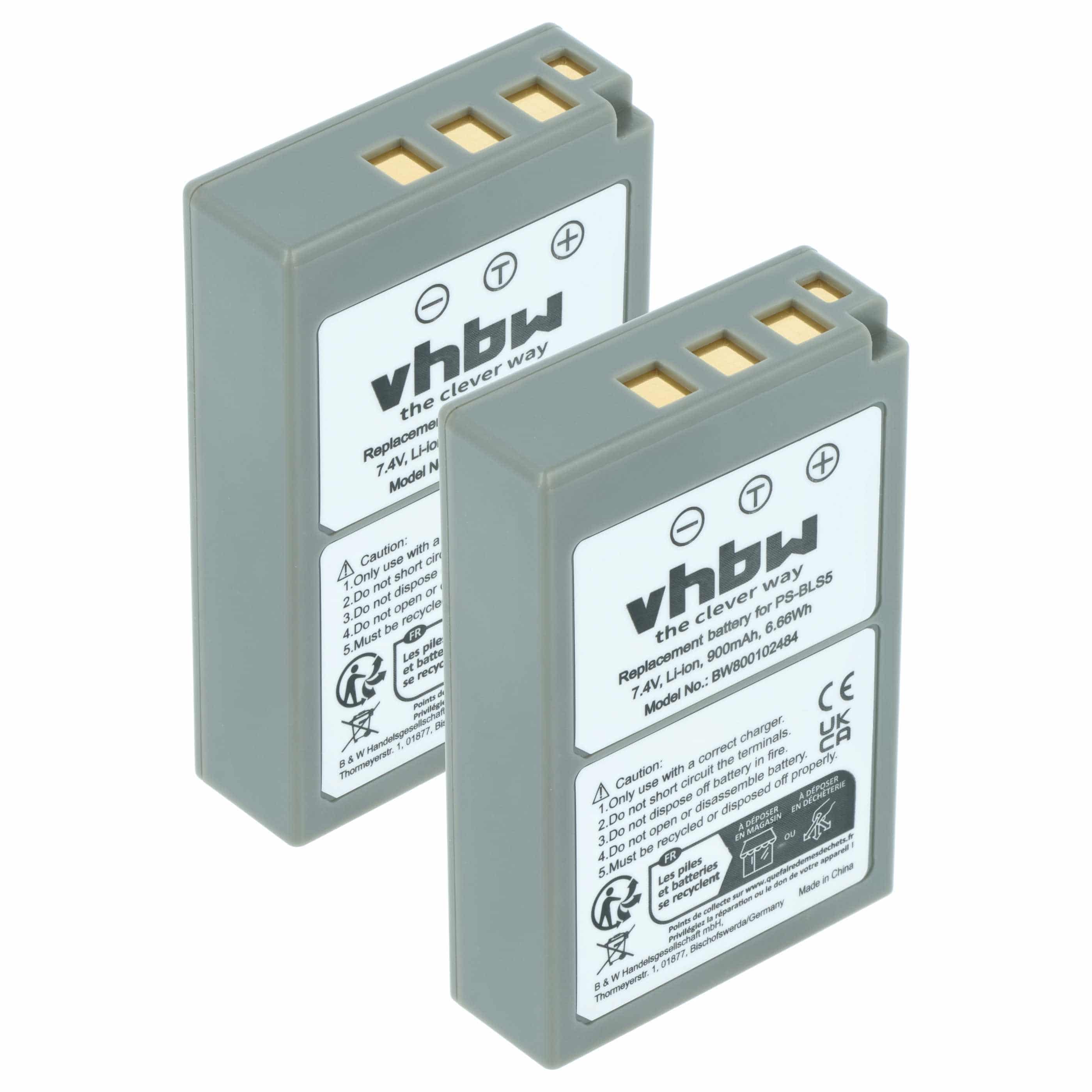 2x Battery replaces Olympus PS-BLS5, BLS50, BLS-5, BLS-50 - 900mAh, 7.2V, Li-Ion