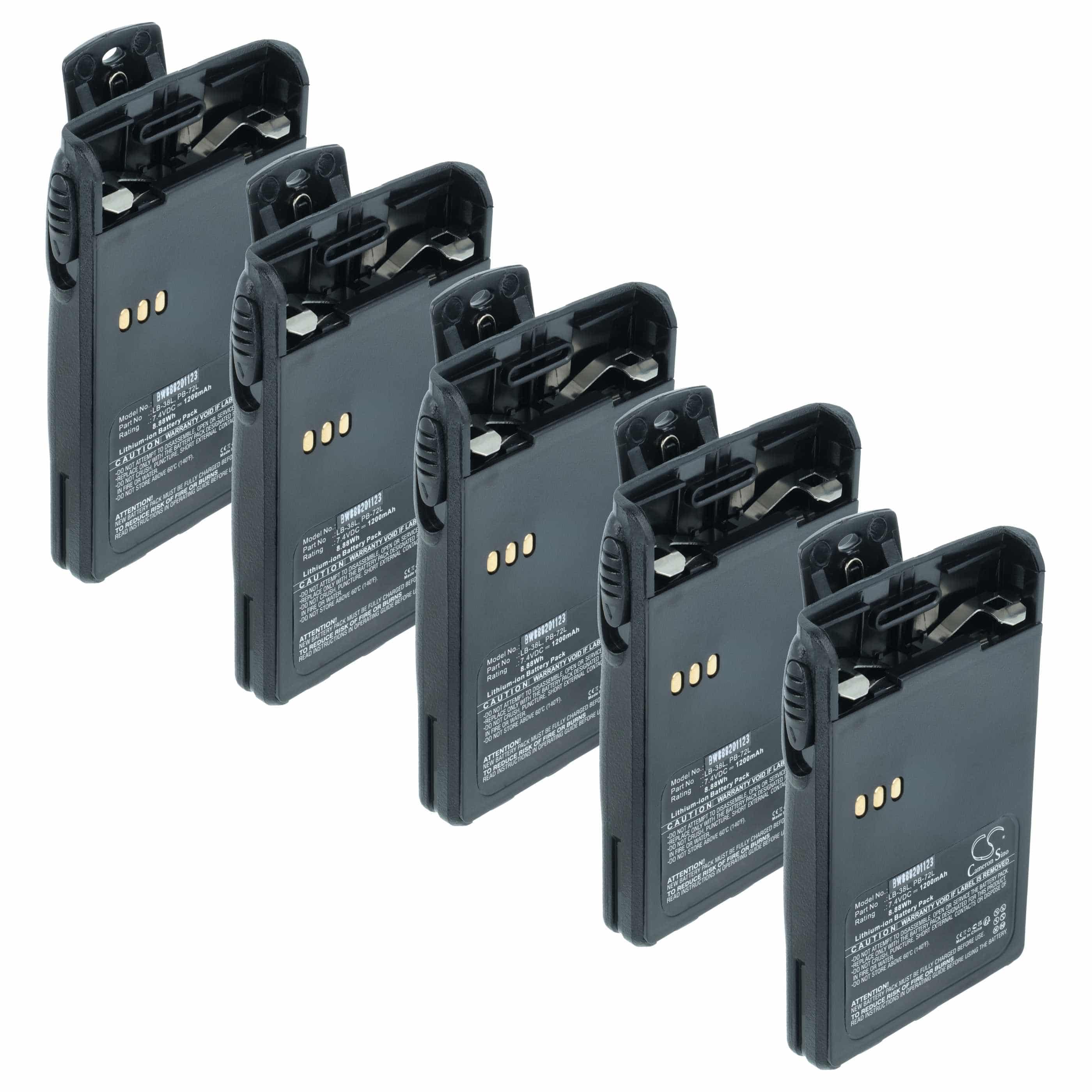 Radio 5x Battery replaces Huntec PB200, LB-62L, PB-72L, LB-38L, PB400 - 1200 mAh 7.4 V Li-Ion + Belt Clip