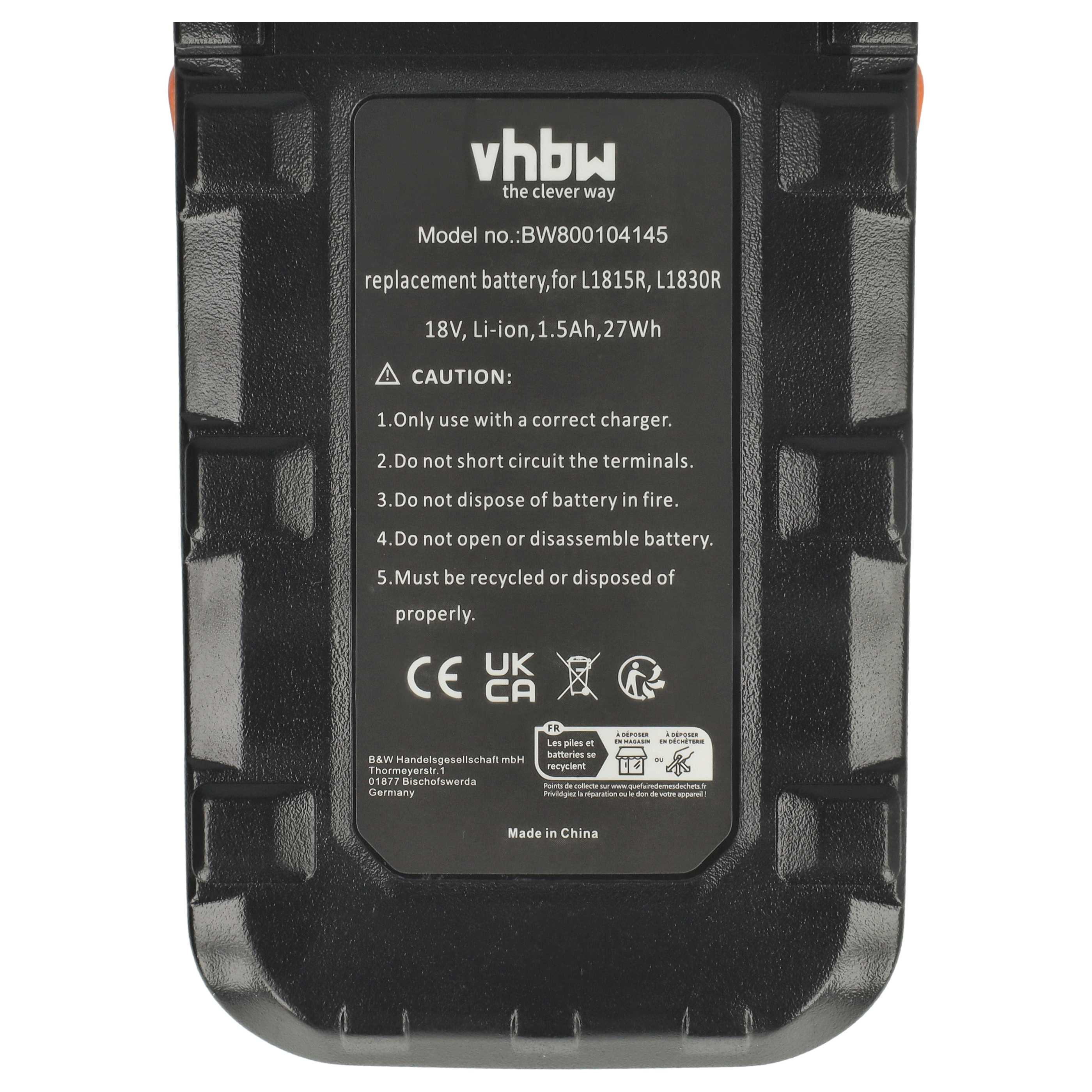 Batteria sostituisce AEG B1814, B1817G, B1814G, B1817, L1815R, L1830, L1815 per attrezzo - 1,5Ah 18V Li-Ion