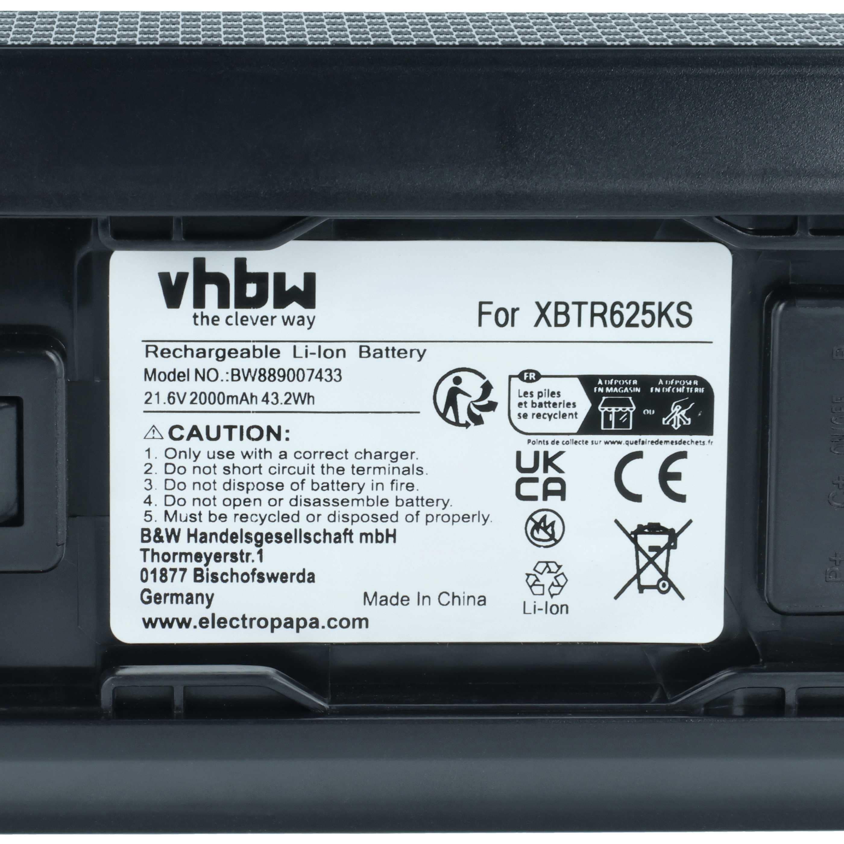 Battery replaces Shark XBTR625KSLN, XBTR625KSLEU, XBTR625KDC, XBTR625 for Shark 2000mAh, 21.6V, Li-Ion