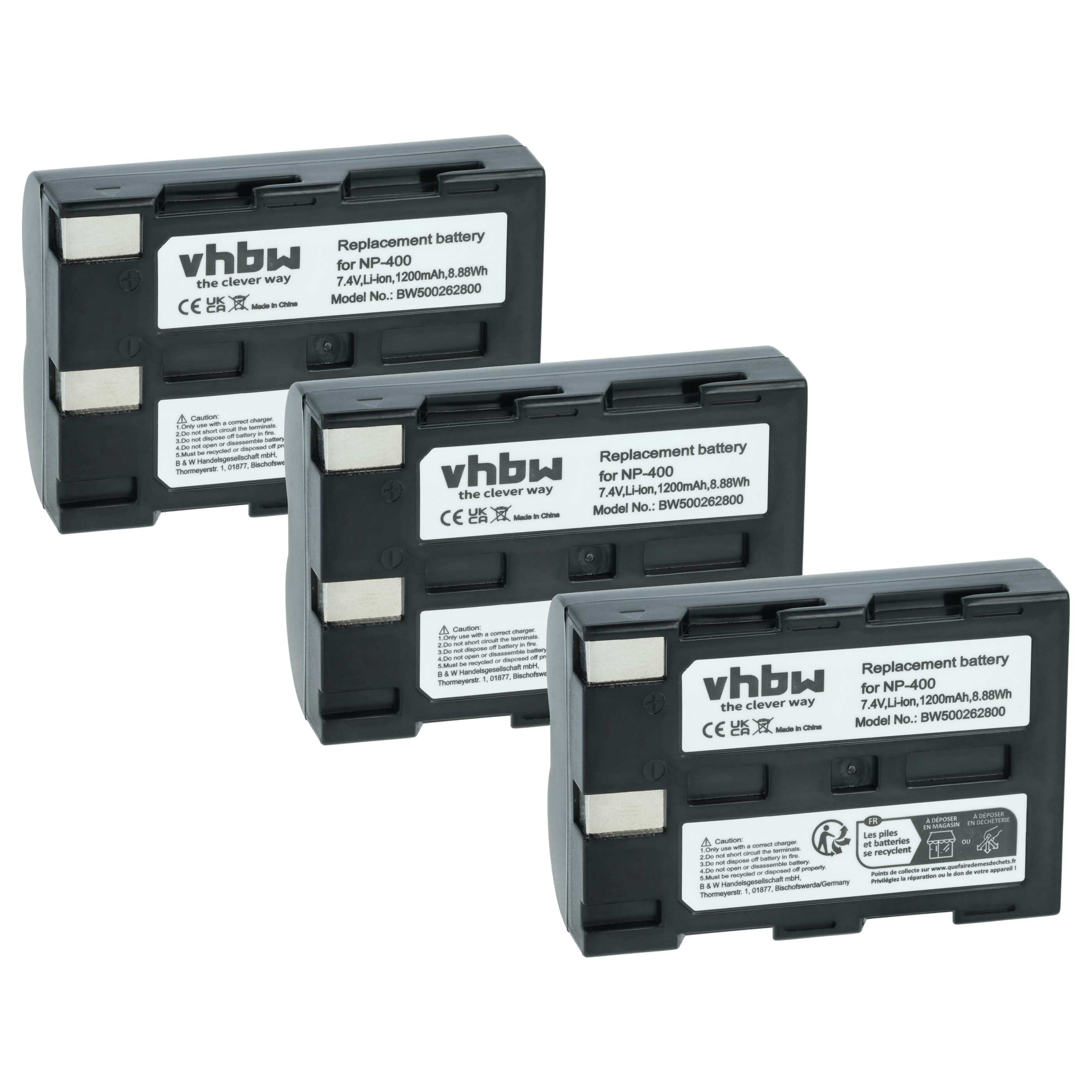 3x Battery replaces Konica Minolta NP-400 - 1200mAh, 7.2V, Li-Ion