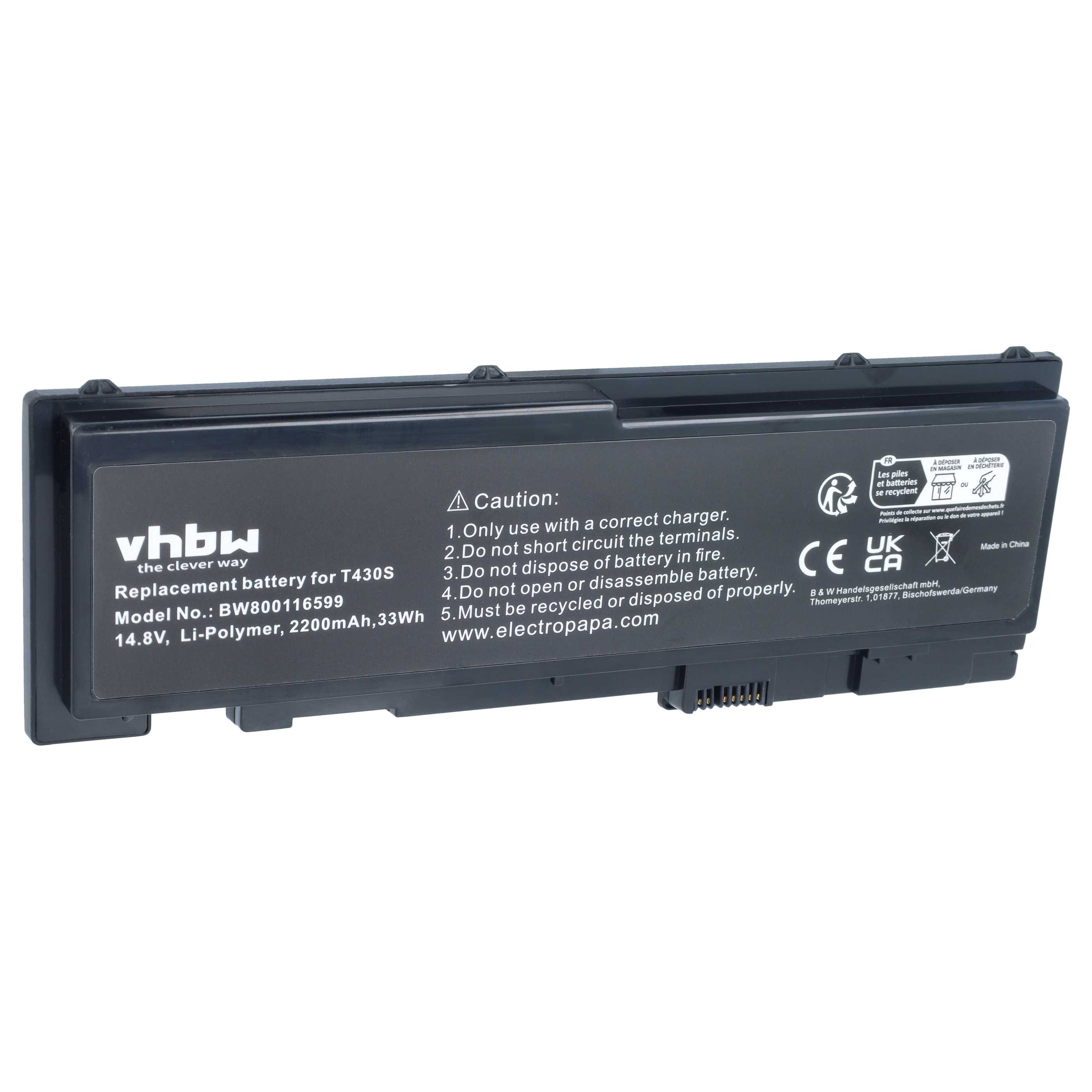 Notebook Battery replaces Lenovo 0A36309, 0A36287, 42T4845, 42T4846, 42T4844 - 2200 mAh 14.8 V Li-Ion, black