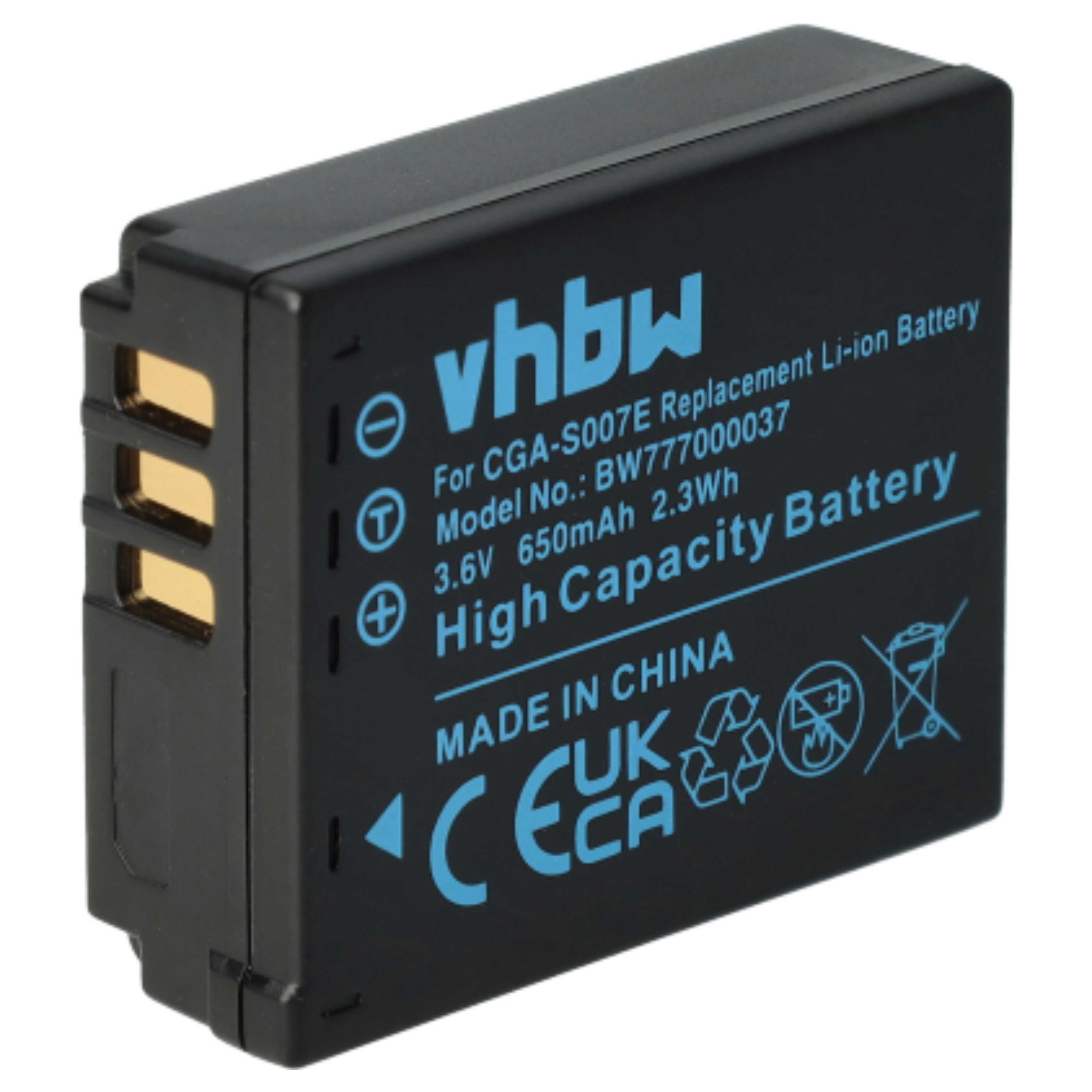 2x Battery suitable for Panasonic Lumix DMC-TZ1, DMC-TZ2, DMC-TZ3, DMC-TZ4, DMC-TZ5 - 650mAh, 3.6V, Li-Ion