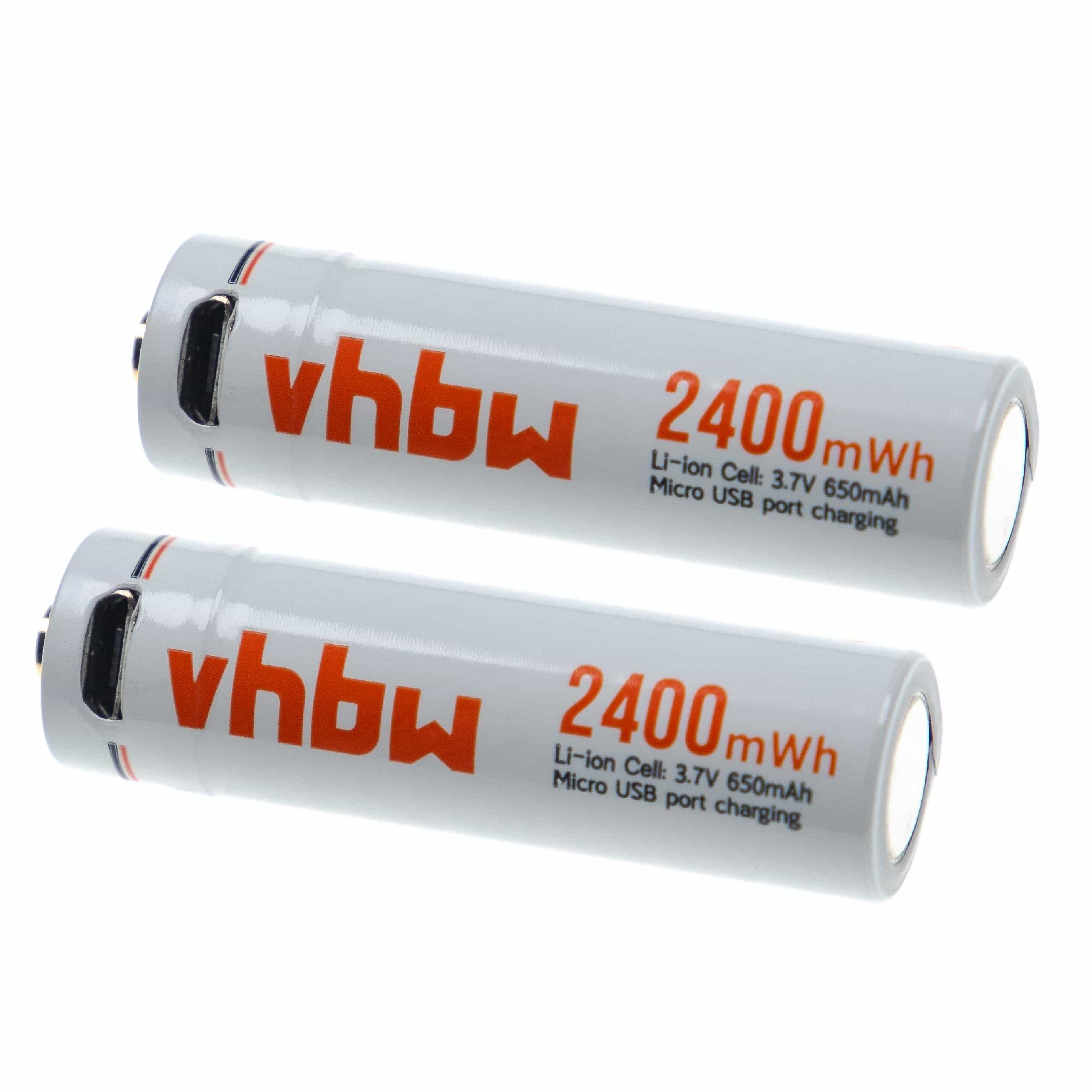 vhbw 2x Piles rechargeables AA mignon (AA) - Avec prise micro-USB, 650 mAh, 3,7 V, Li-ion