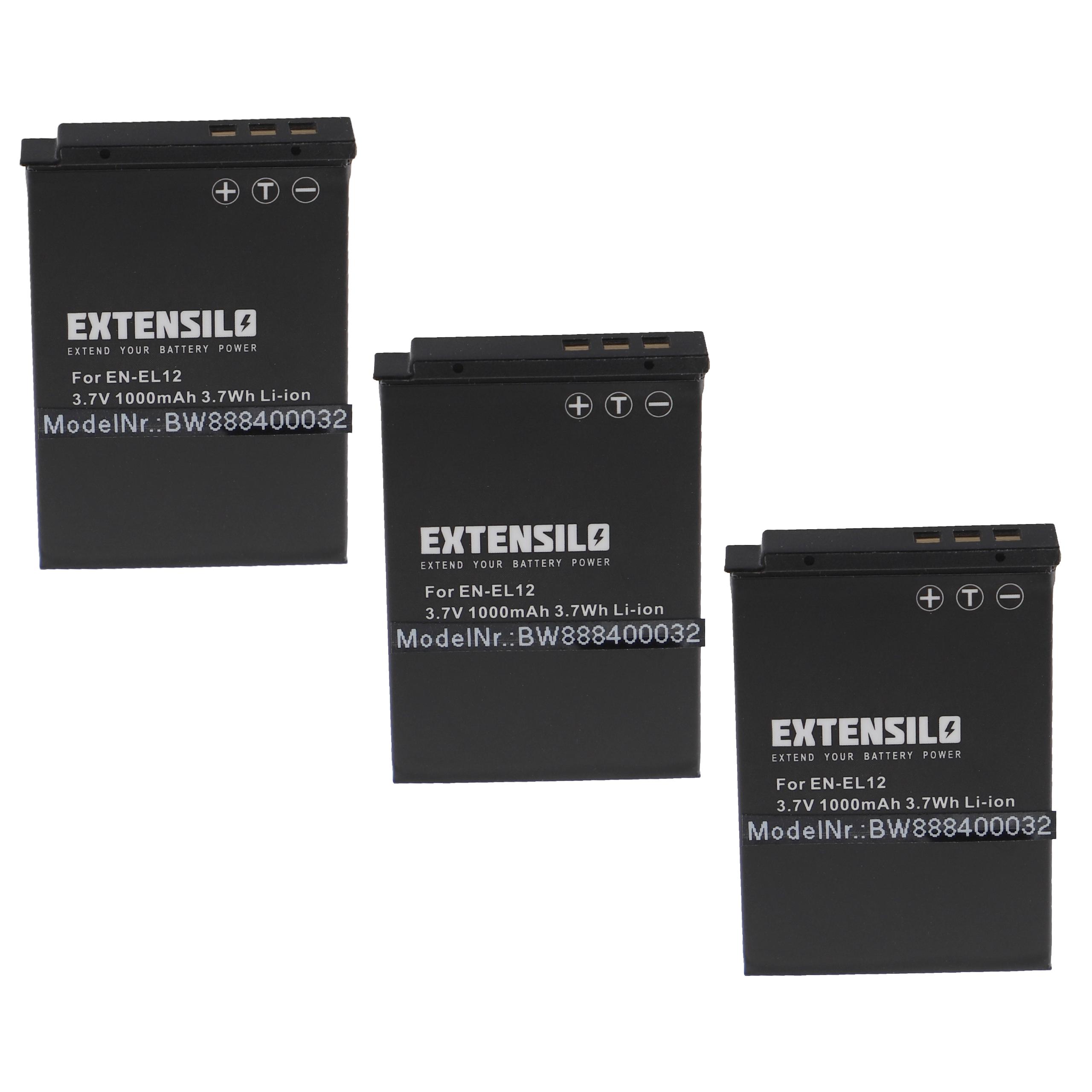3x Battery replaces Nikon EN-EL12 - 1000mAh, 3.7V, Li-Ion