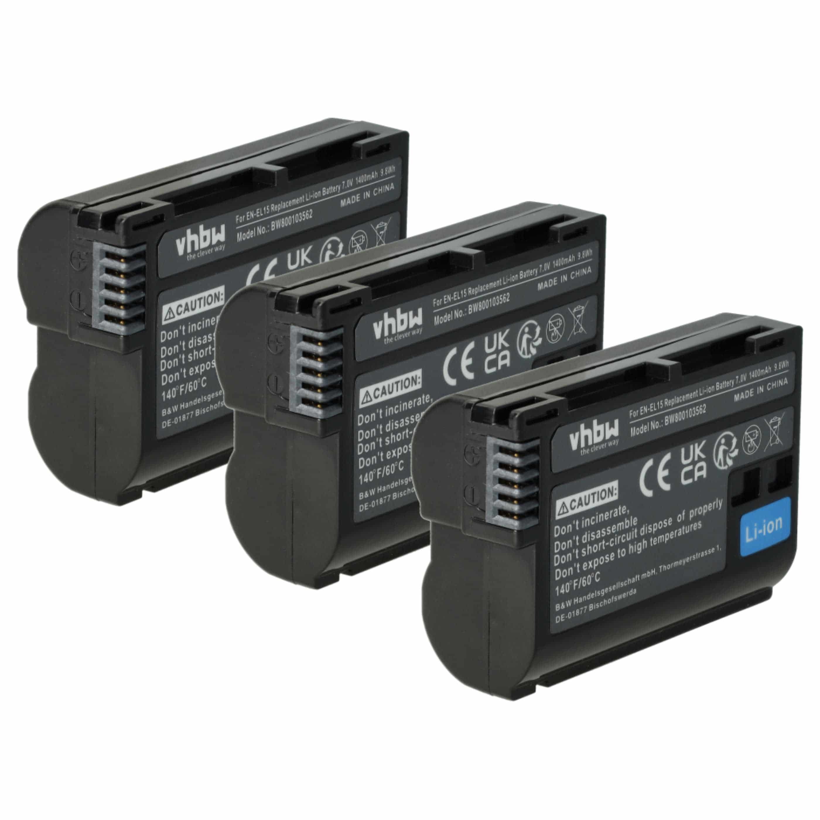 3x Battery replaces Nikon EN-EL15, EN-EL15b, EN-EL15A, EN-EL15c - 1400mAh, 7V, Li-Ion with Info Chip