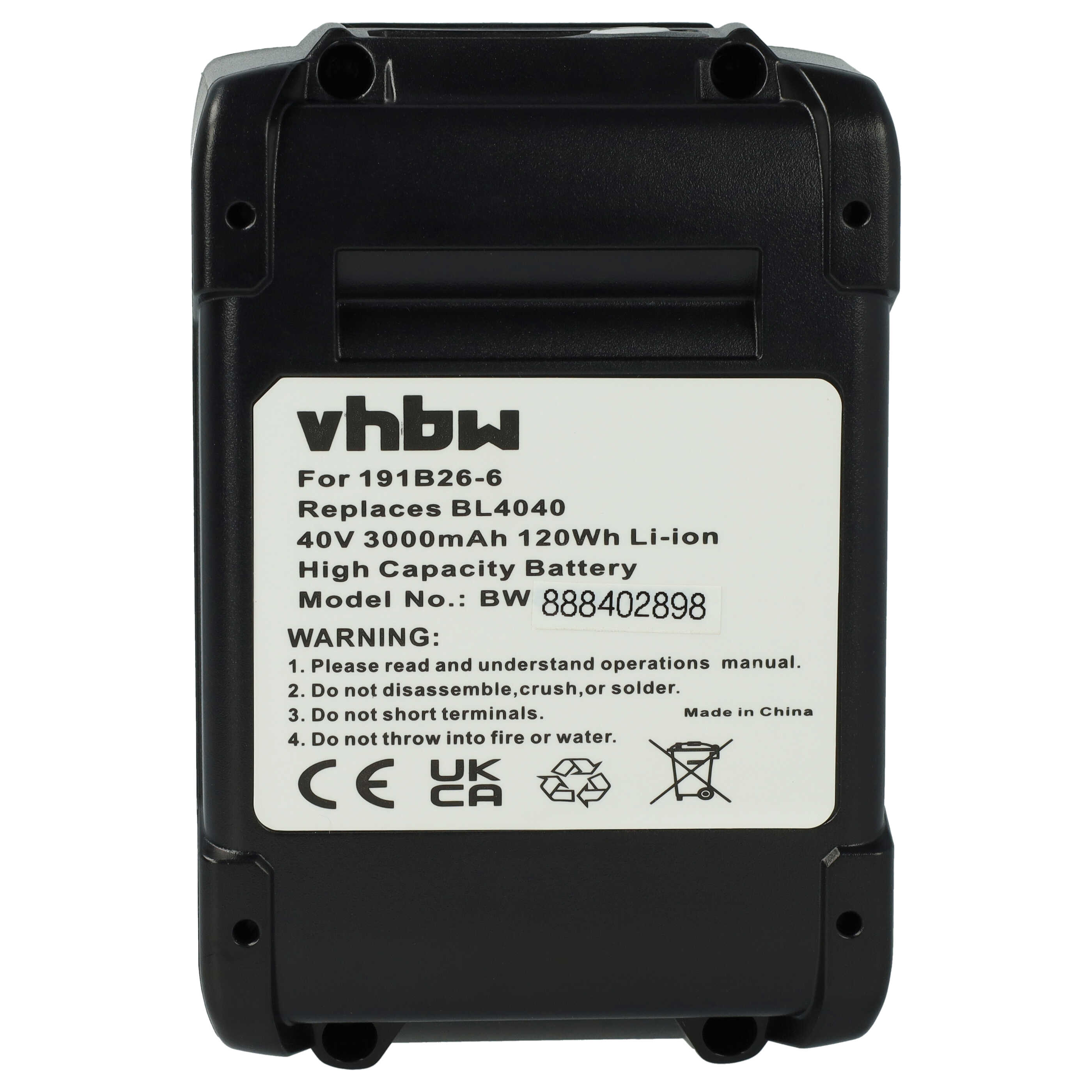 Electric Power Tool Battery Replaces Makita 191X65-8, 191B36-3, 191B26-6, 191L29-0 - 3000 mAh, 40 V, Li-Ion