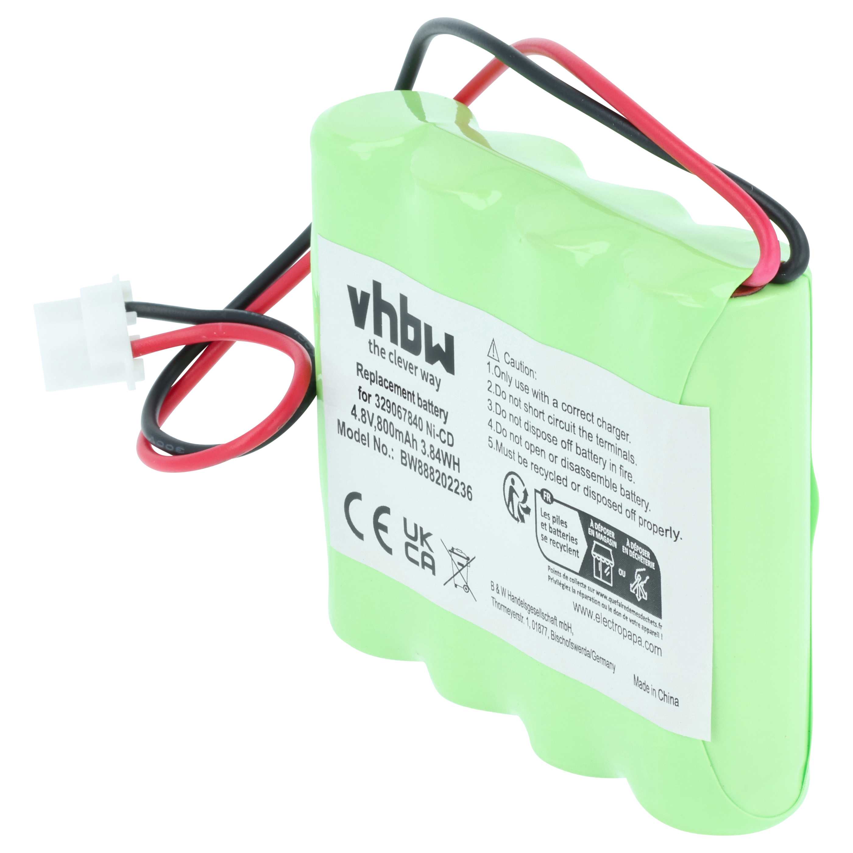 Batería reemplaza Schneider 4BD-AA800BT, 329067840 para iluminación emergencia (800 mAh, 4,8 V, NiCd)