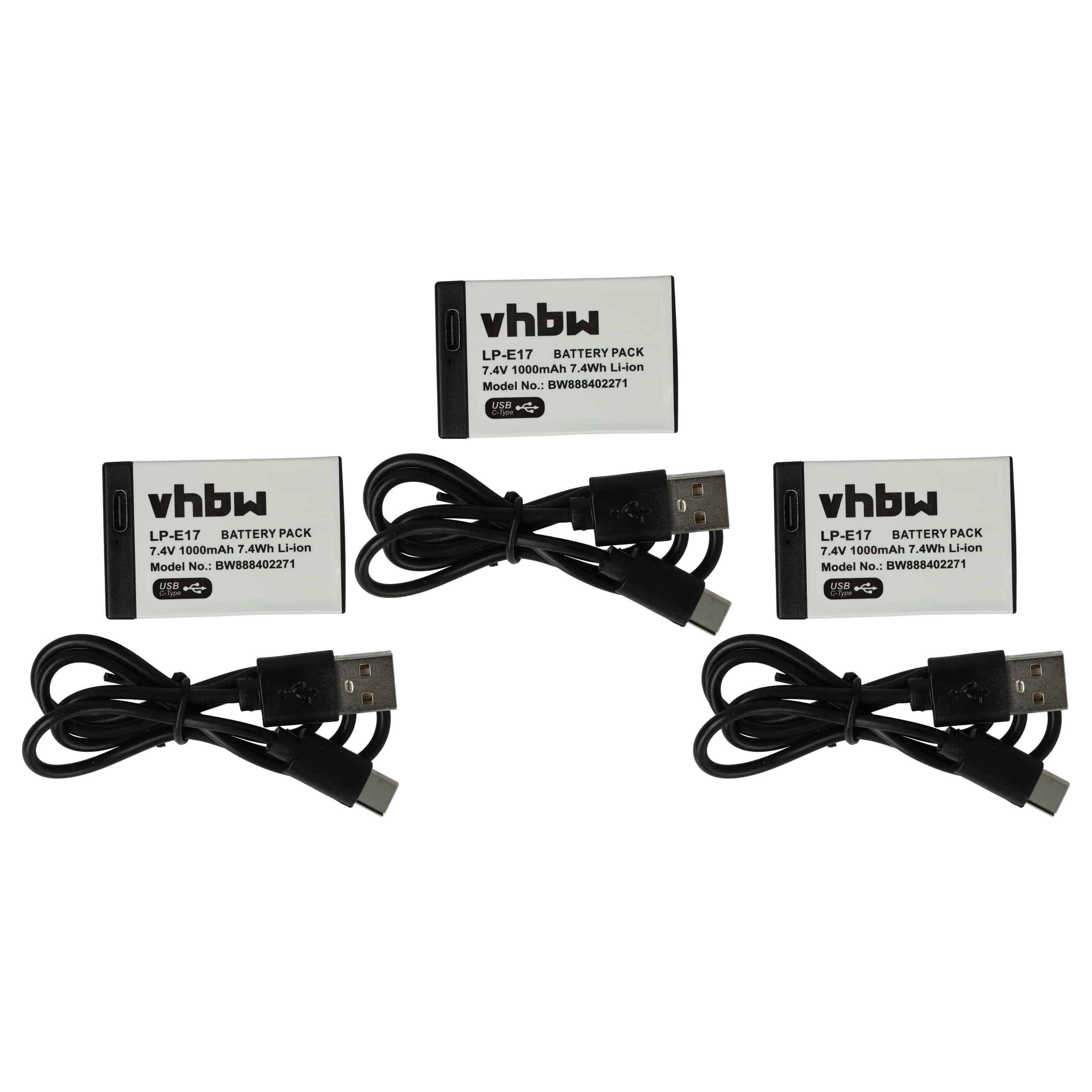 3x Battery replaces Canon LP-E17 - 1000mAh, 7.4V, Li-Ion, with USB C Socket
