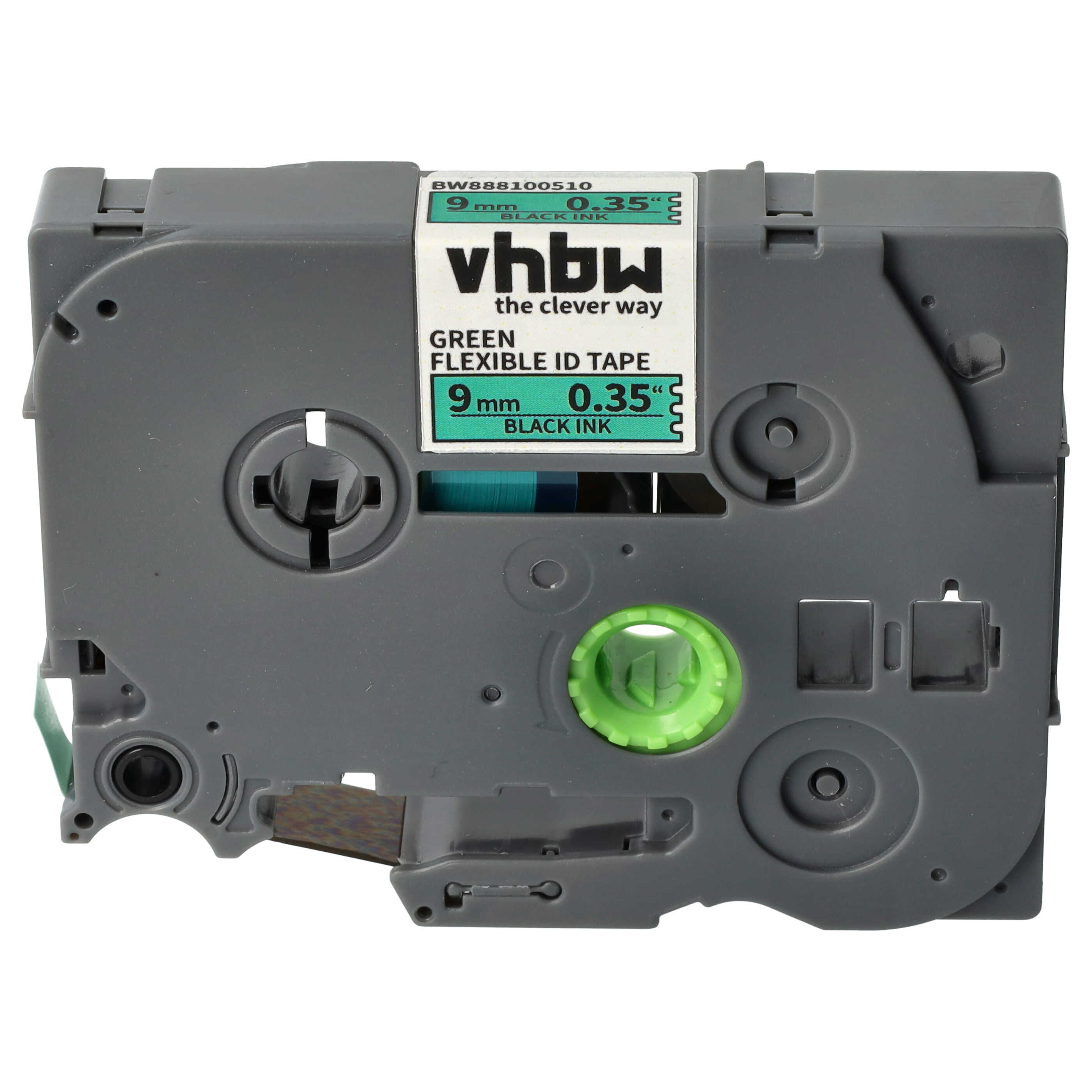 Label Tape as Replacement for Brother TZ-FX721, TZE-FX721, TZFX721, TZeFX721 - 9 mm Black to Green, Flexible