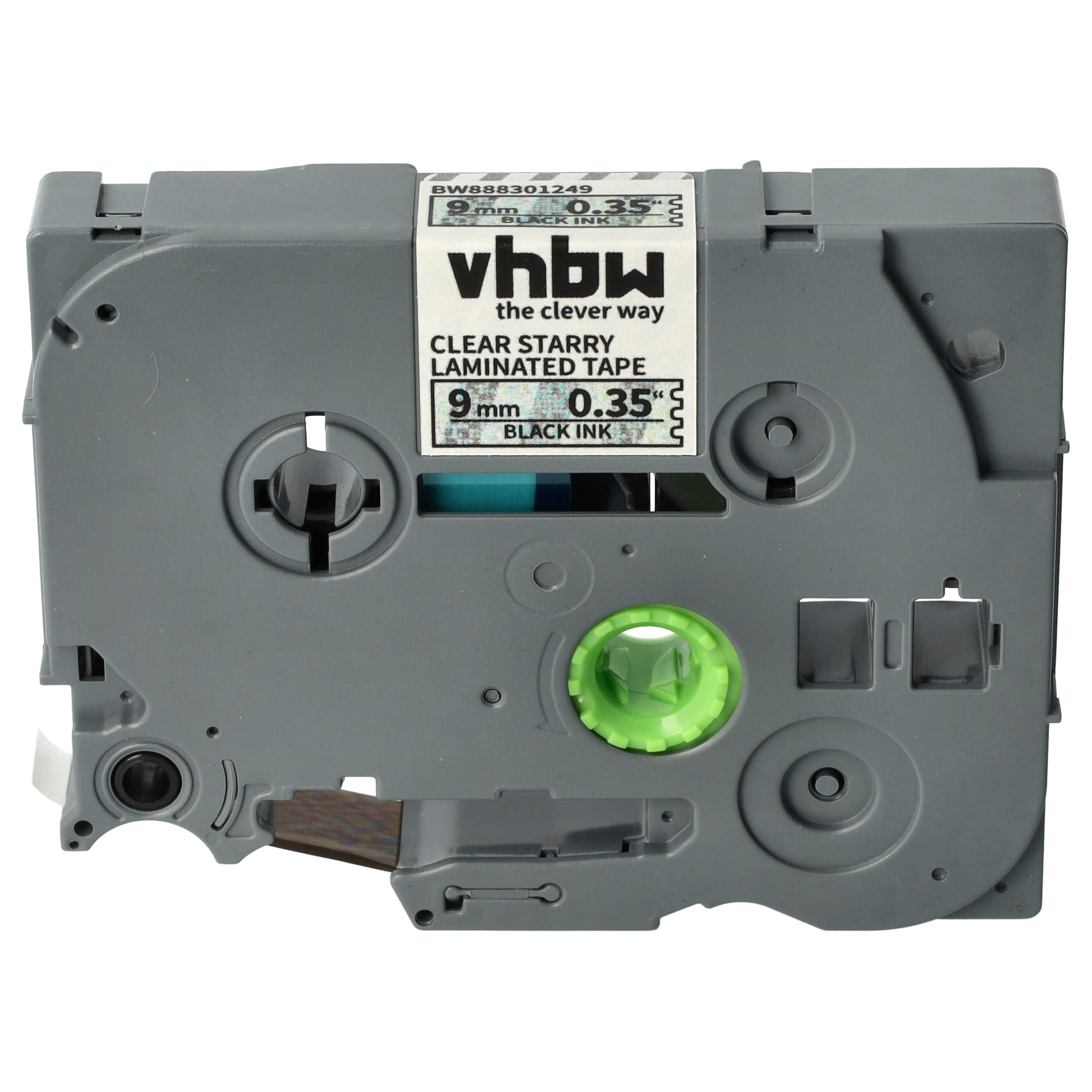 Label Tape as Replacement for Brother TZE-121L1 - 9 mm Black to Transparent (Glitter)