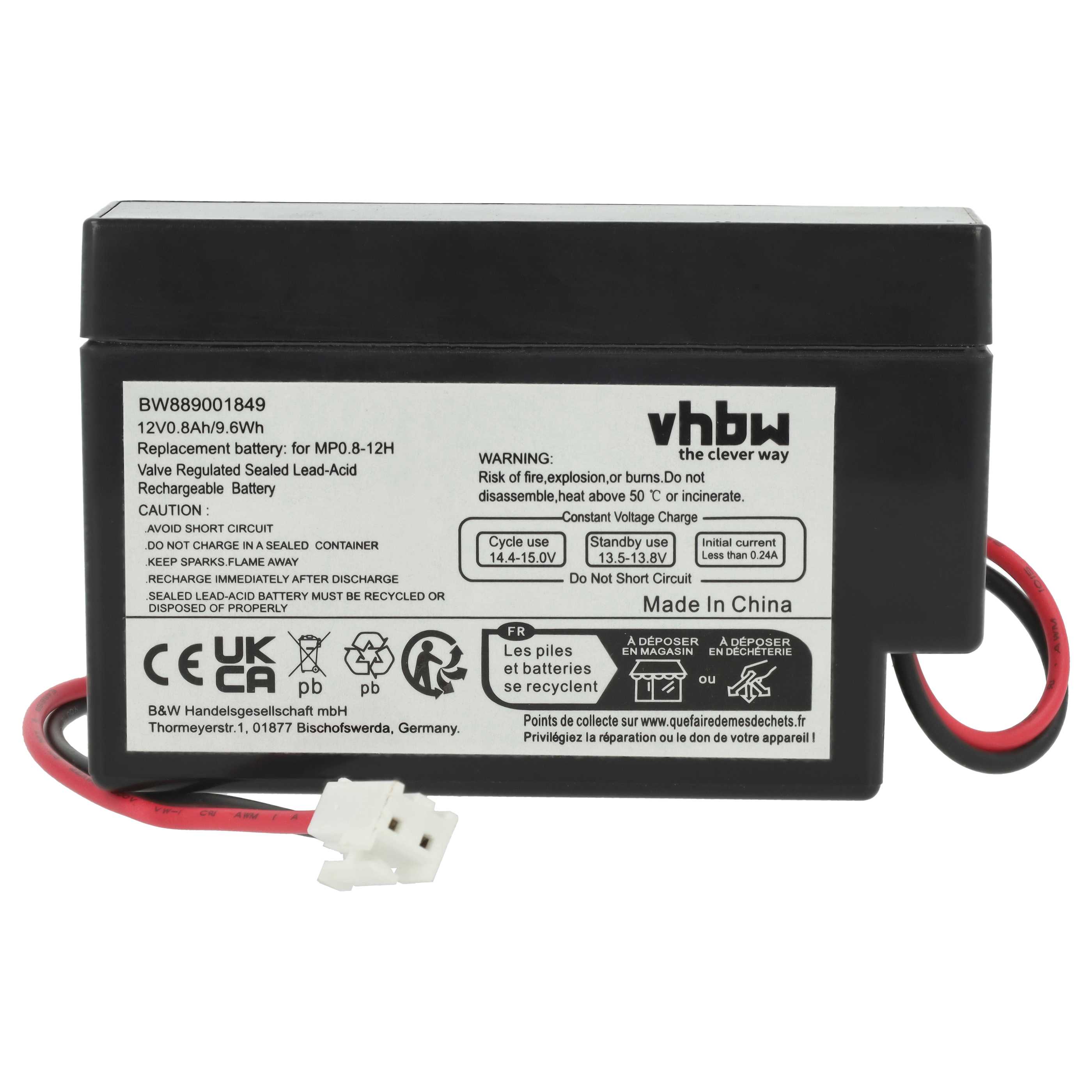 2x Batteria sostituisce MP0.8-12H universale per diversi dispositivi - 800mAh 12V AGM, connettore JST
