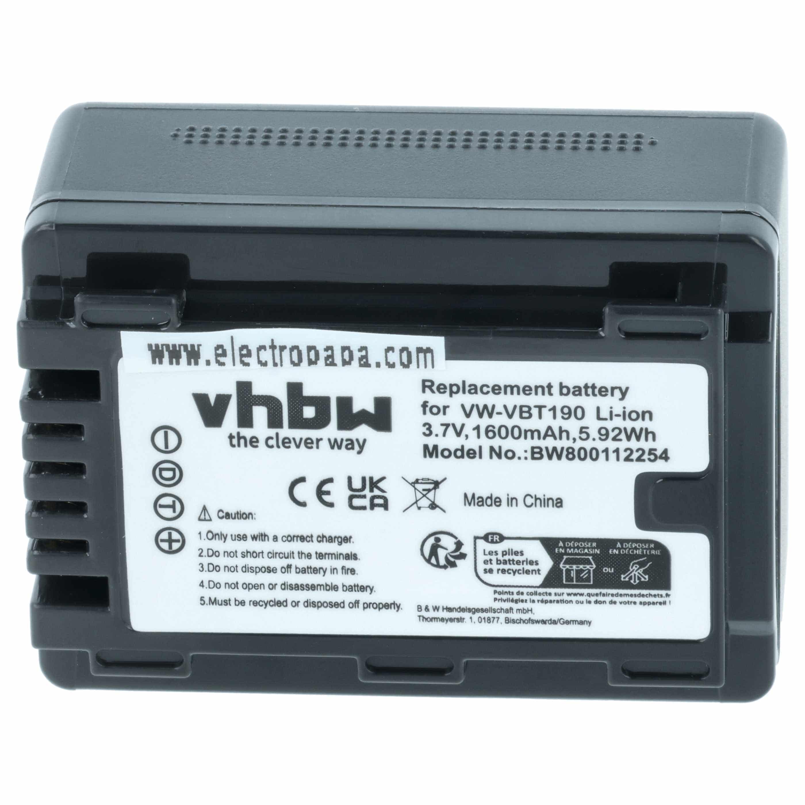 Videocamera Battery replaces Panasonic VW-VBT190 - 1600 mAh 3.6 V Li-Ion