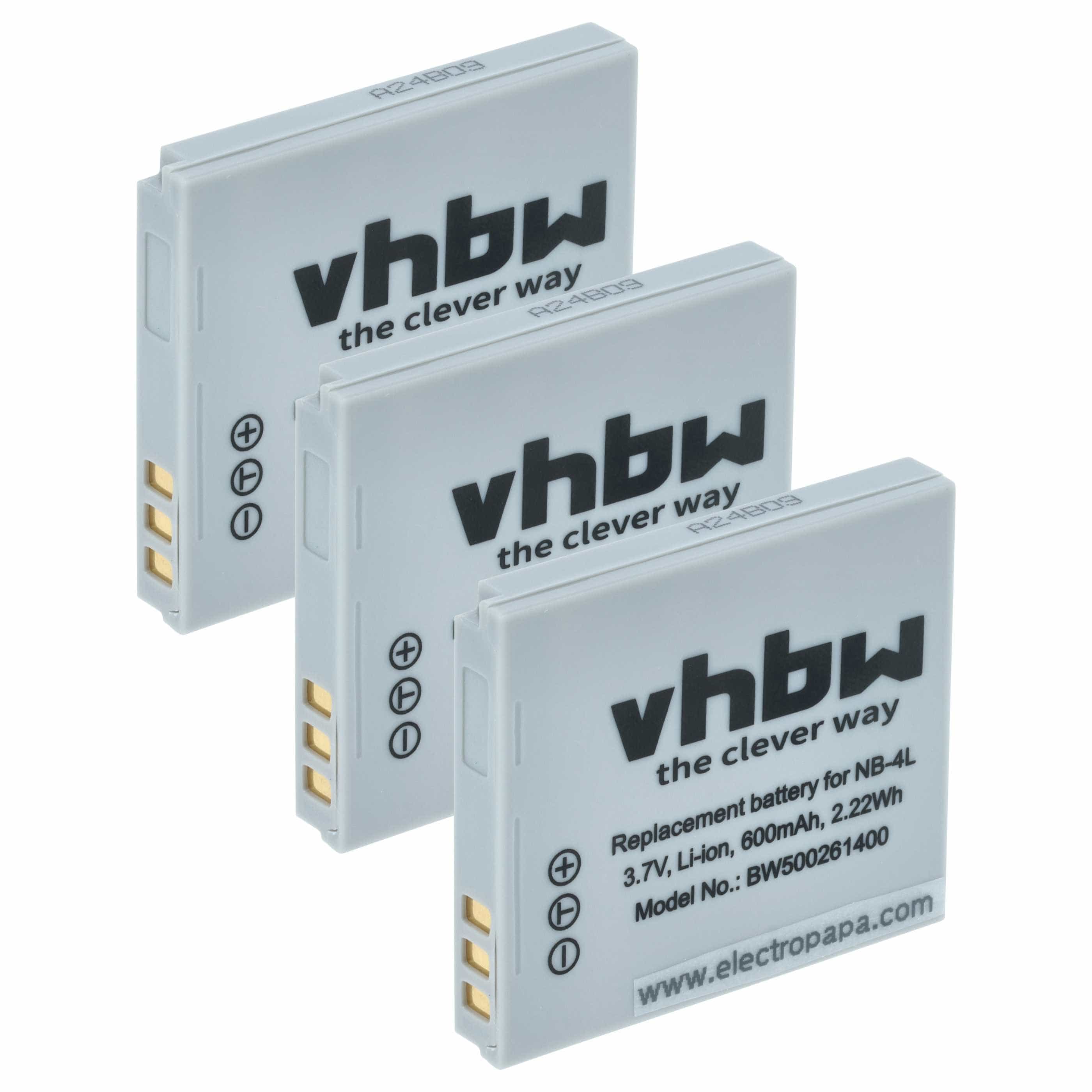 3x Battery replaces Canon NB-4L - 600mAh, 3.6V, Li-Ion