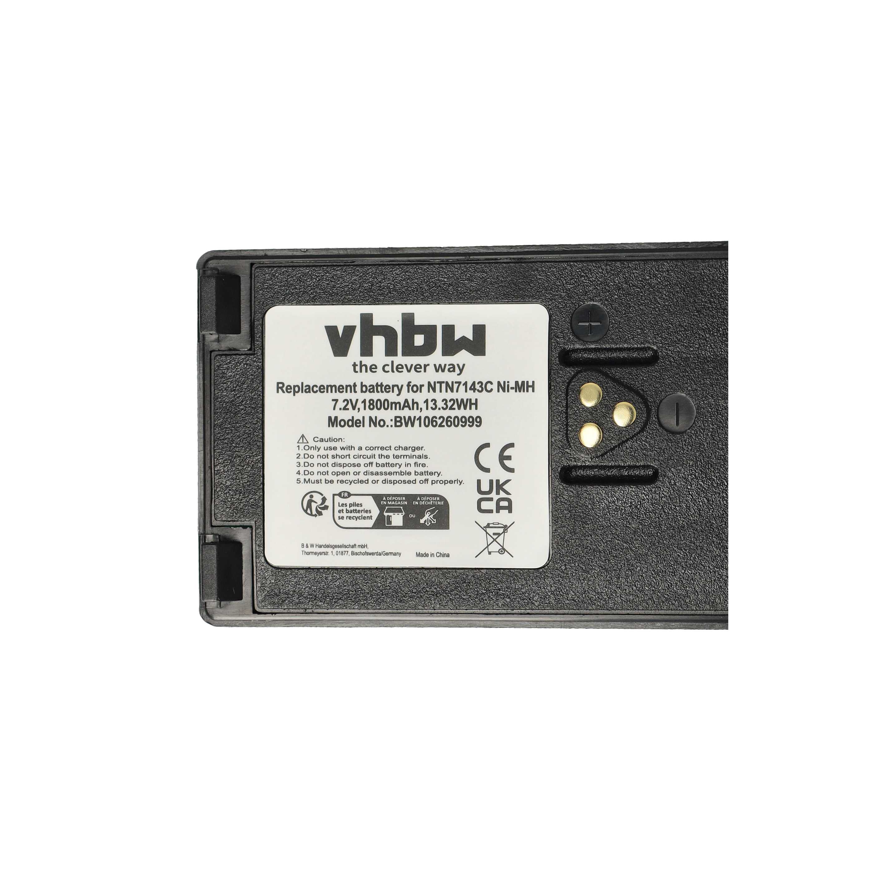 Radio 10x Battery replaces Motorola NTN7143B, NTN7143C, NTN7143A, NTN7143 - 1800 mAh 7.5 V NiMH + Belt Clip