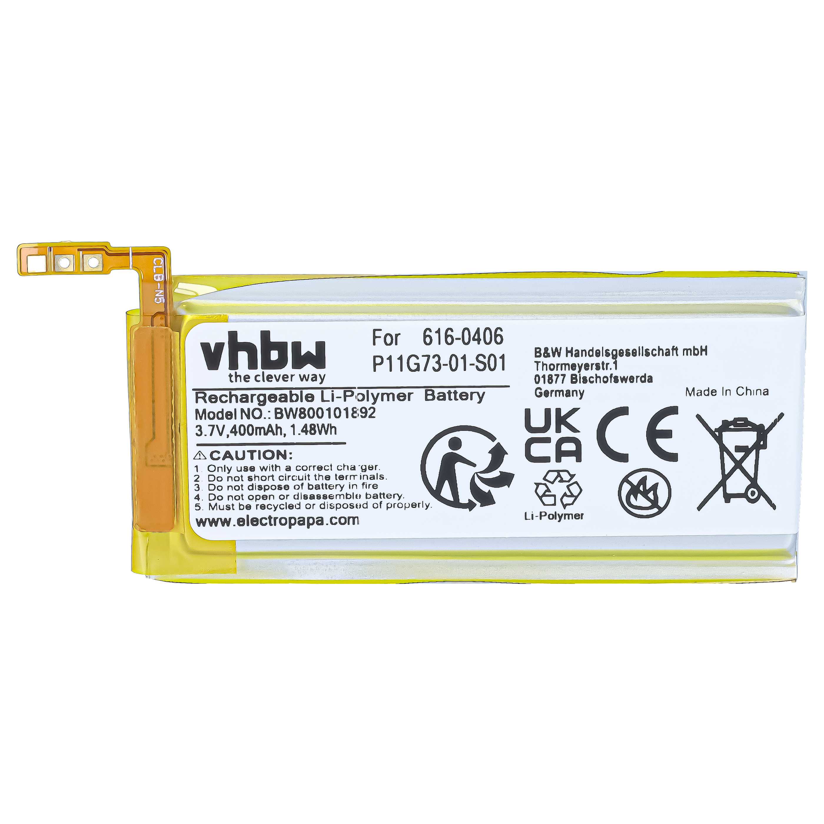 Akumulator do odtwarzacza MP3 zamiennik Apple 616-0406, P11G73-01-S01, 616-0467 - 400 mAh 3,7 V LiPo