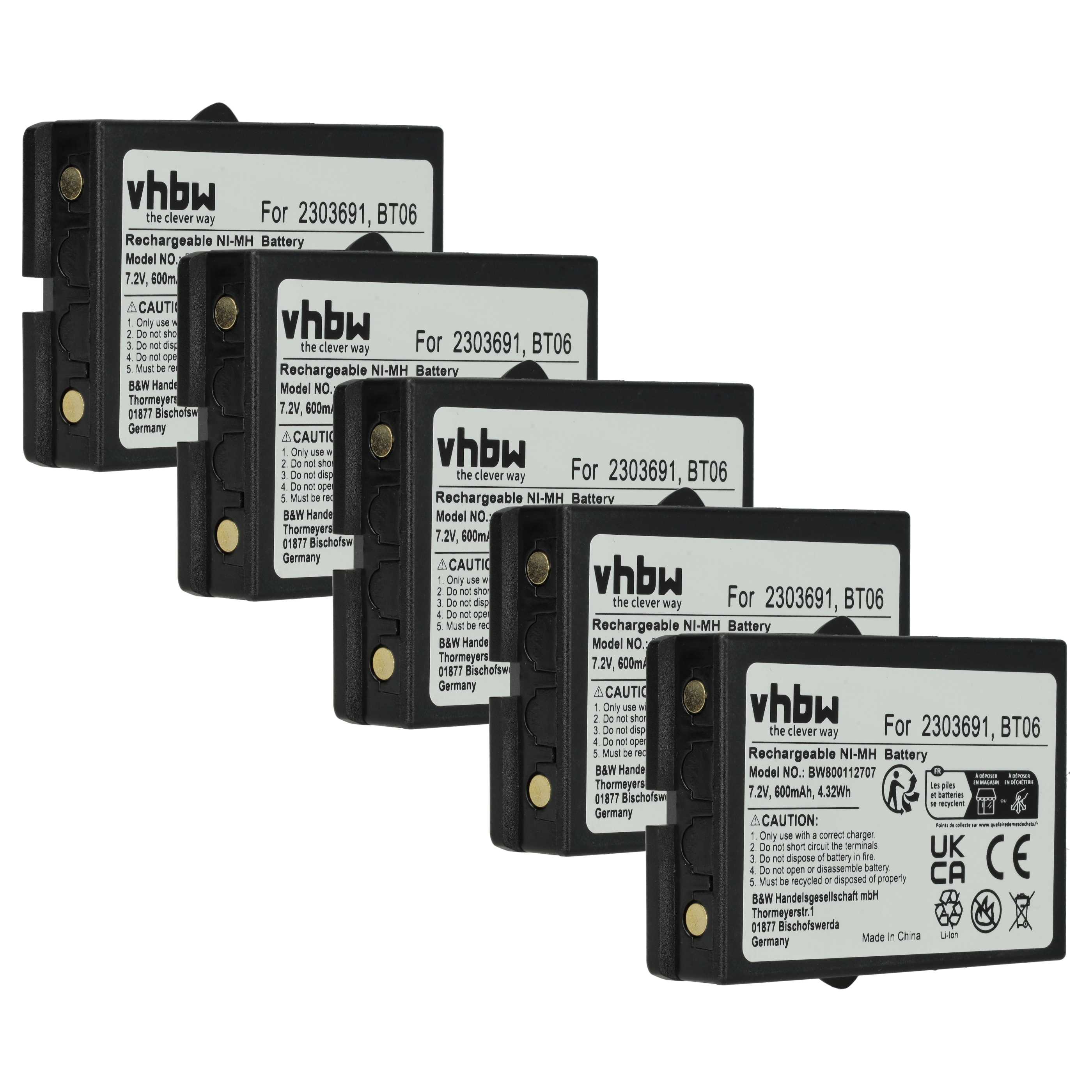Battery (5 Piece) as Replacement for Danfoss 2303691, BT06 Remote Control - 600 mAh 7.2 V NiMH