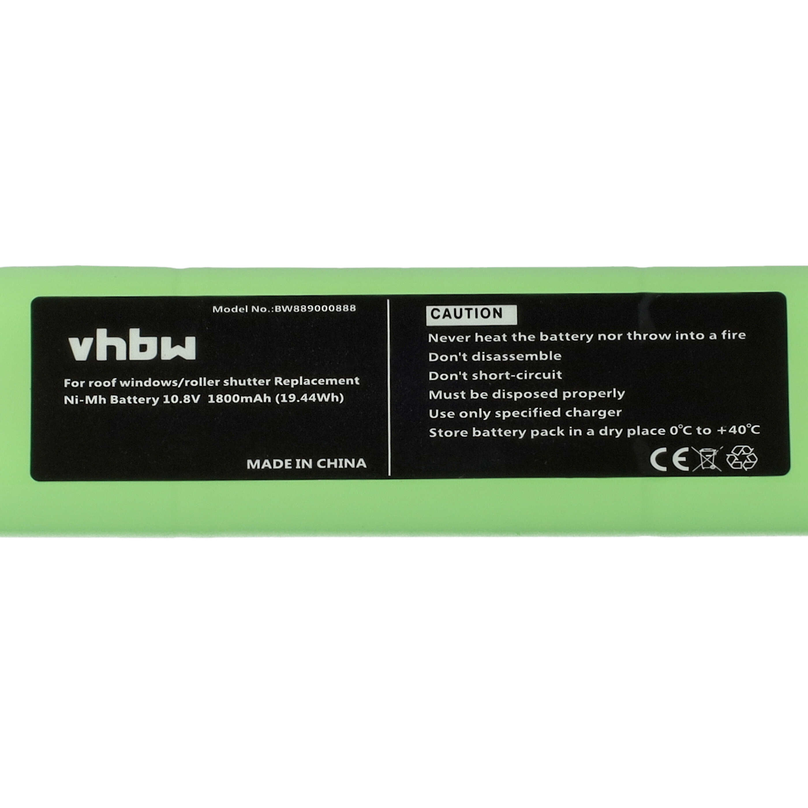 Batería reemplaza Velux 946987, 946930, 946933 para persiana claraboya (1800 mAh, 10,8 V, NiMH)