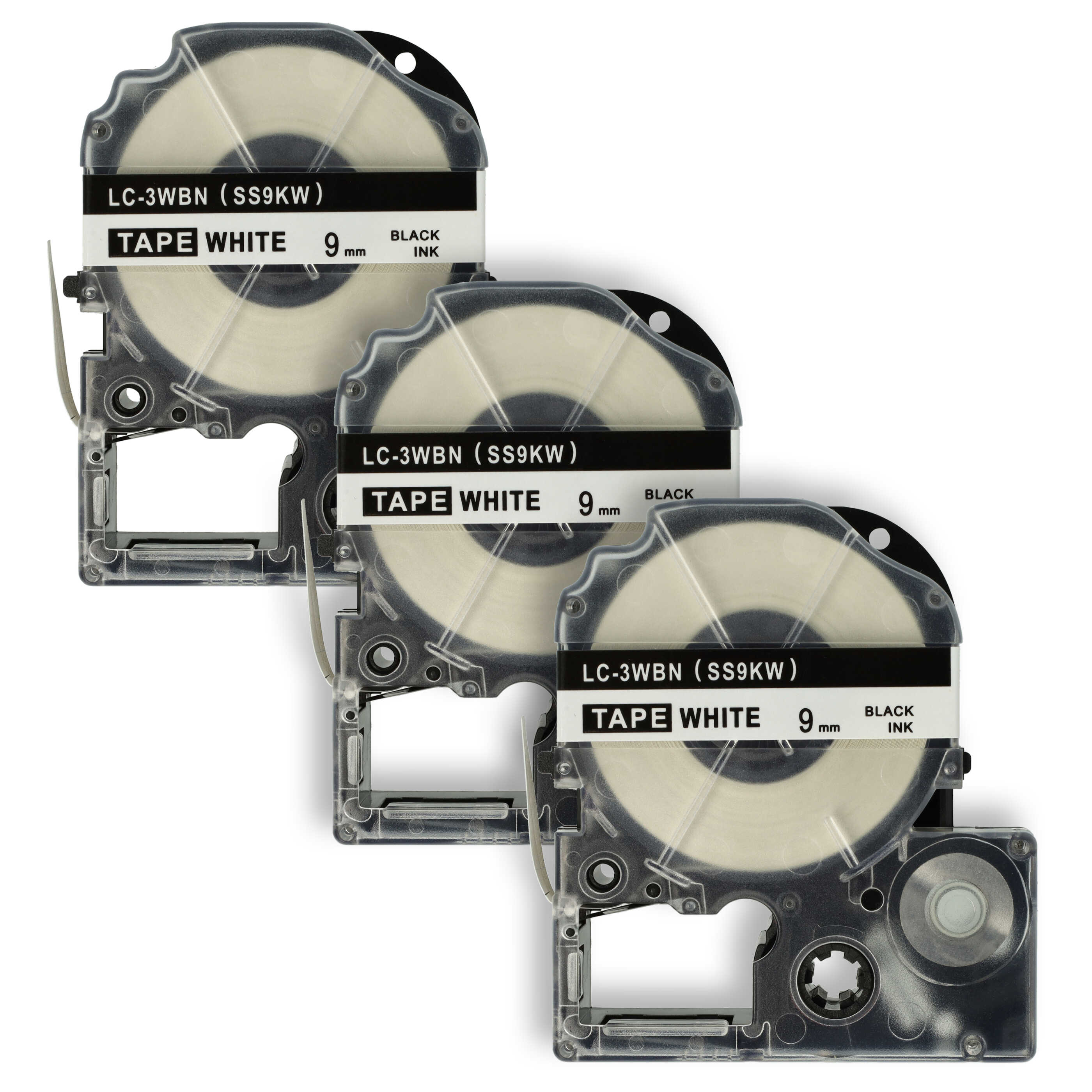 3x Cassettes à ruban remplacent Epson SS9KW, LC-3WBN - 9mm lettrage Noir ruban Blanc