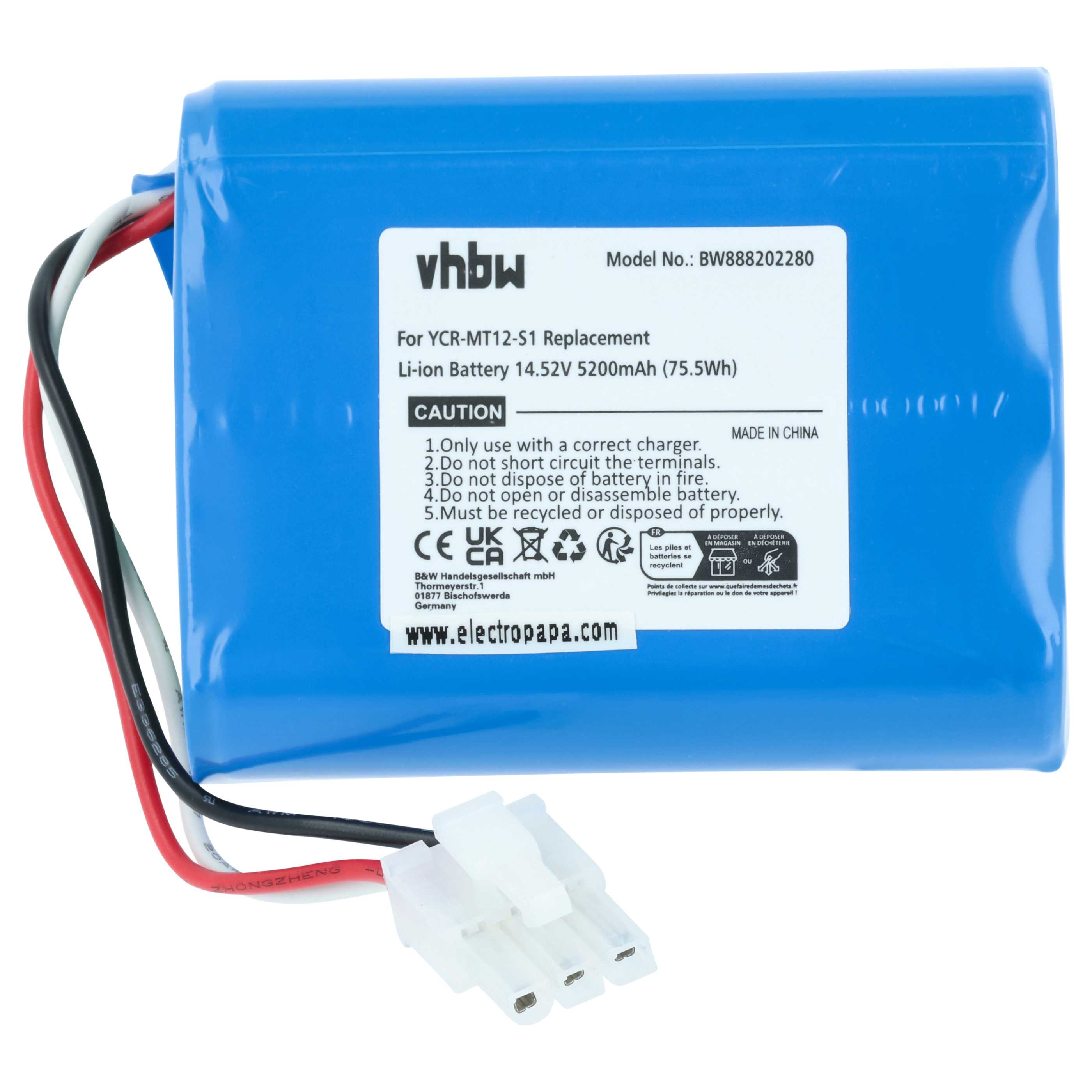 Battery replaces iClebo YCR-MT12-S1, YCR-M07-20W for iClebo etc. 5200mAh, 14.52V, Li-Ion