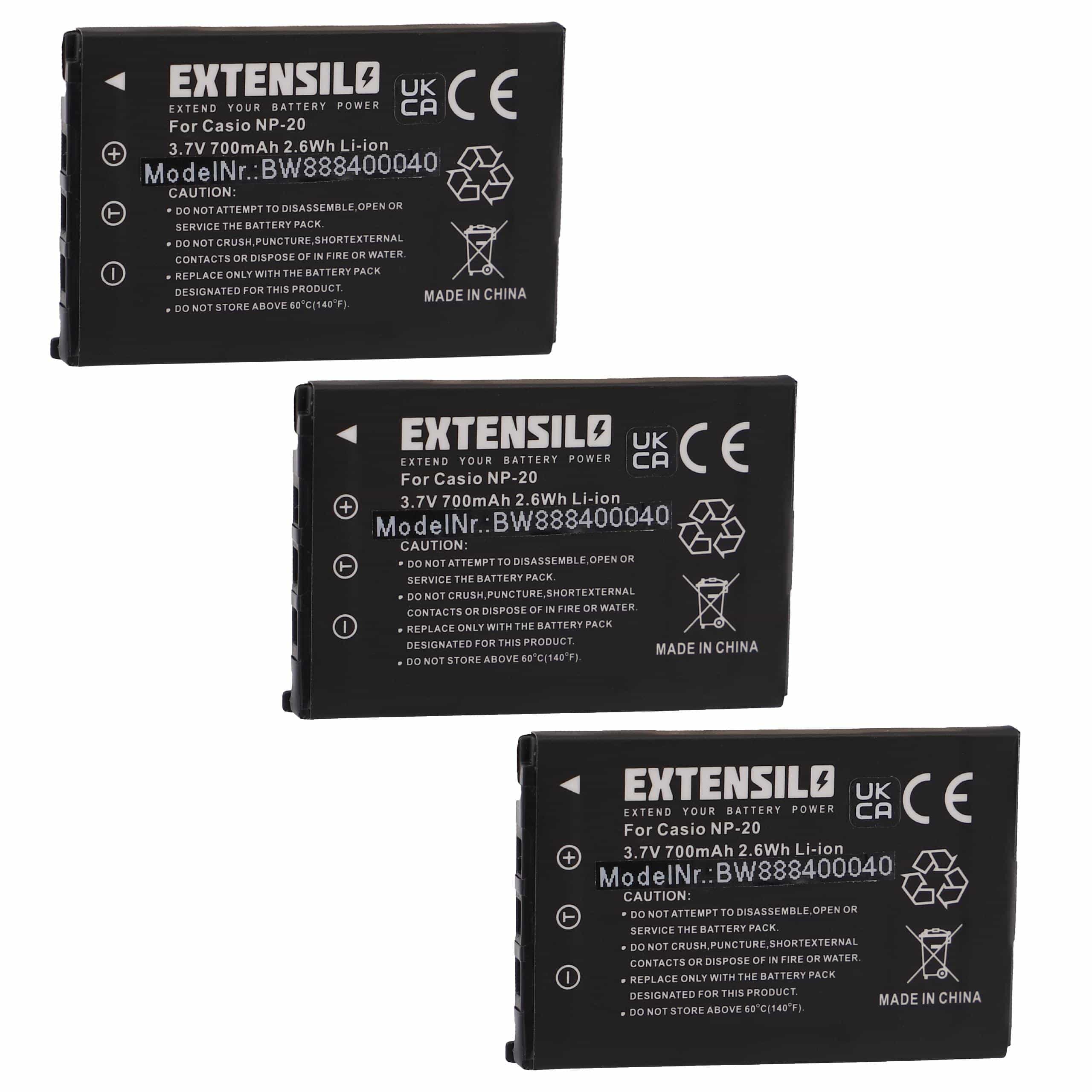 3x Battery replaces Casio NP-20 - 700mAh, 3.7V, Li-Ion