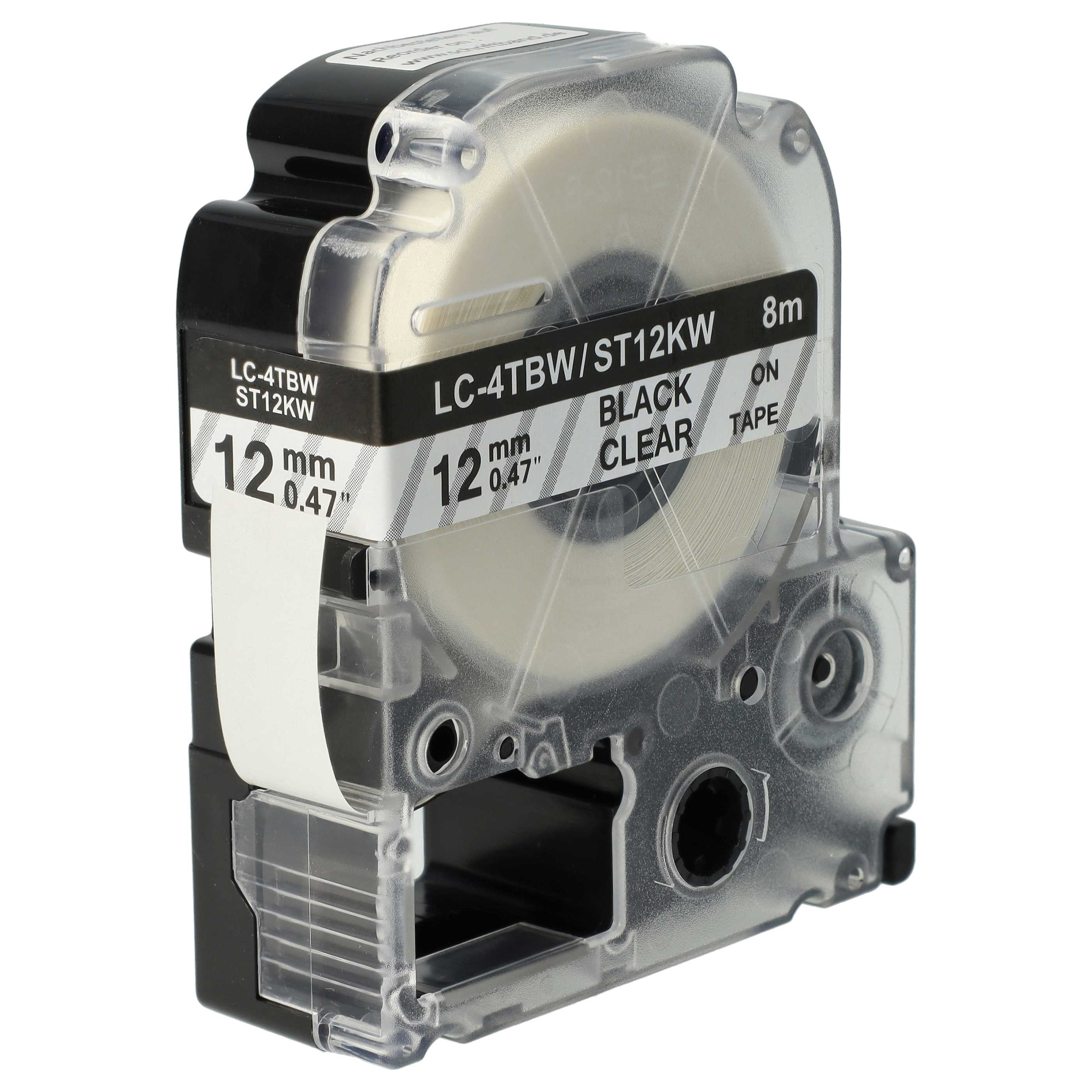 Label Tape as Replacement for Epson LC-4TBW - 12 mm Black to Transparent