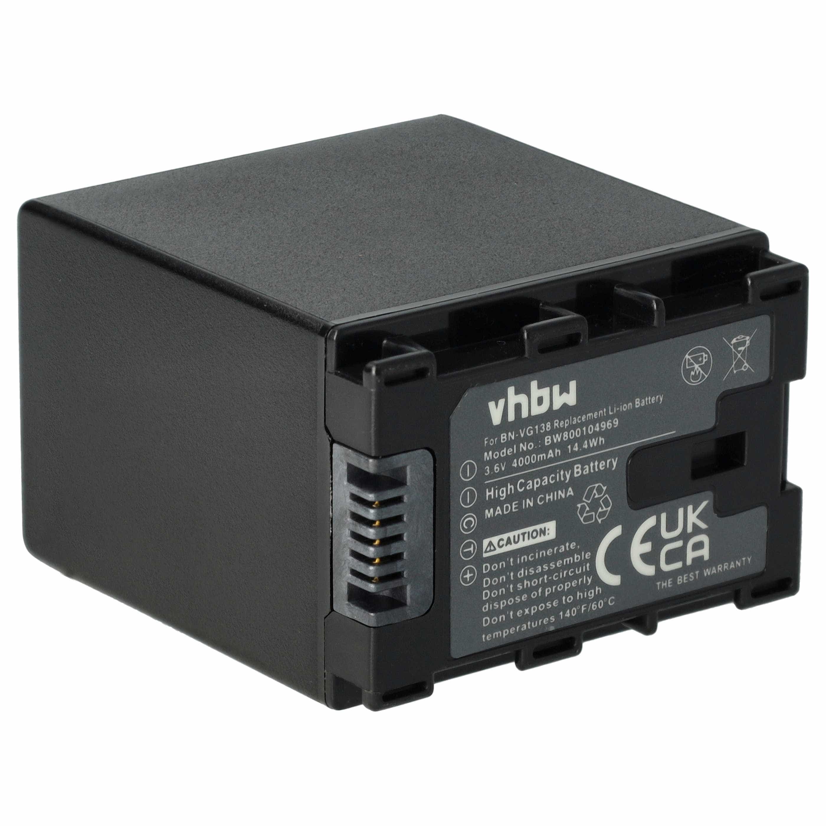 Videocamera Battery replaces JVC BN-VG138SU, BN-VG138, BN-VG138E, BN-VG138AC - 4000 mAh 3.6 V Li-Ion