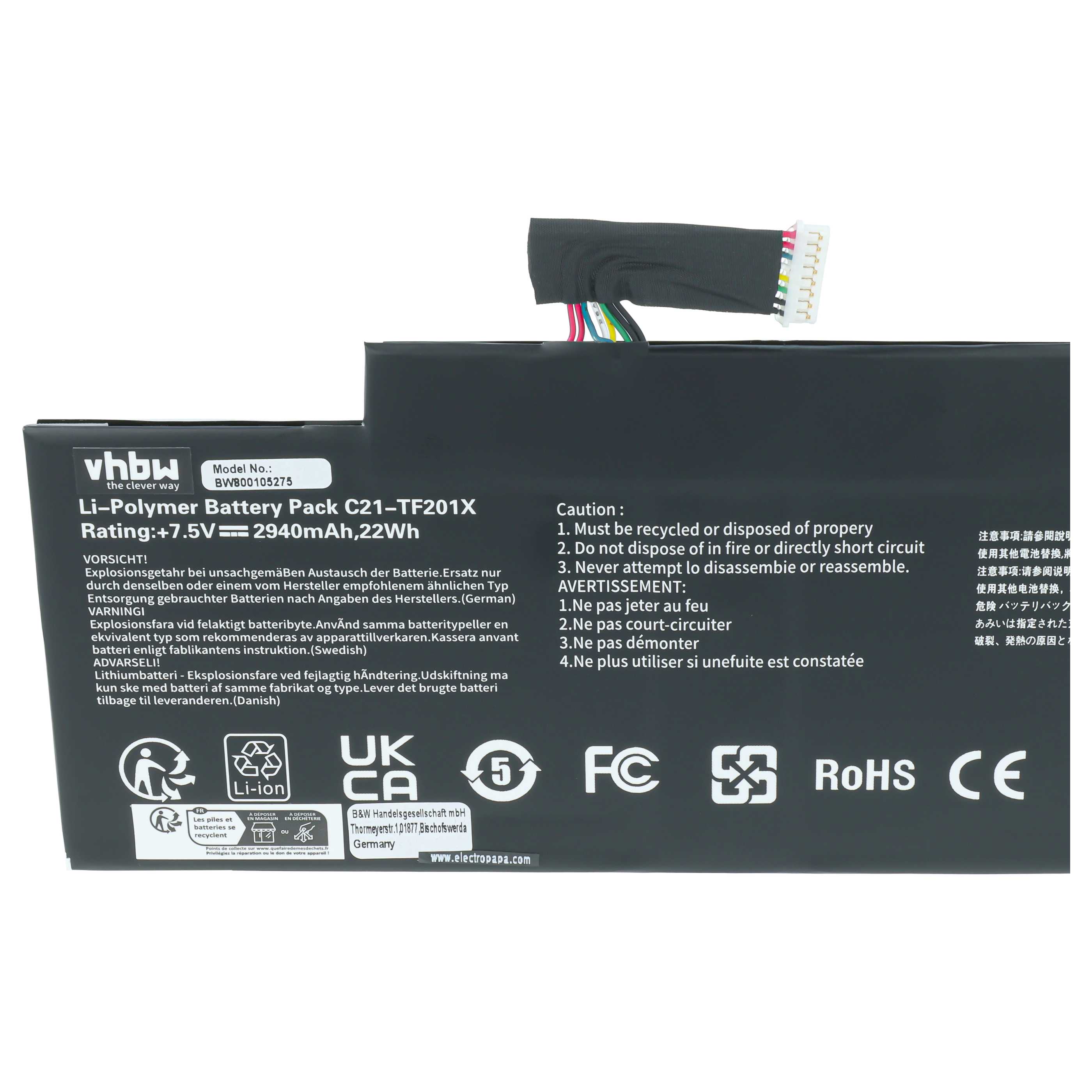 Batteria per tablet sostituisce Asus C21-TF201X - 2900mAh 7,5V Li-Poly
