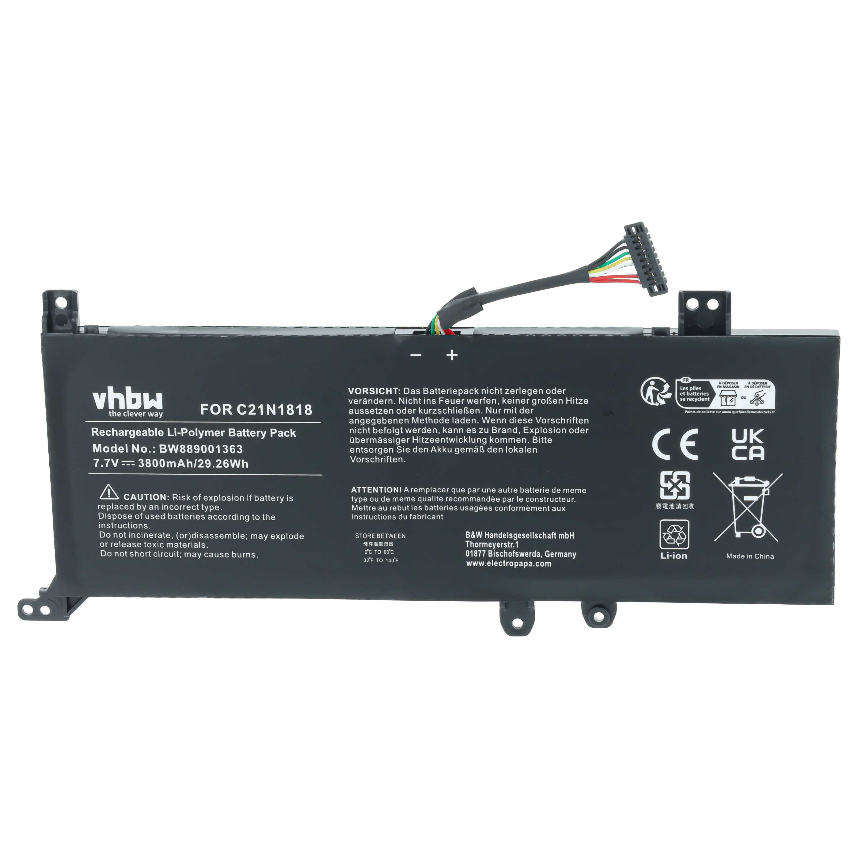 Notebook-Akku als Ersatz für Asus 0B200-03280500, C21N1818-2 für Asus - 3800mAh 7,7V Li-Polymer