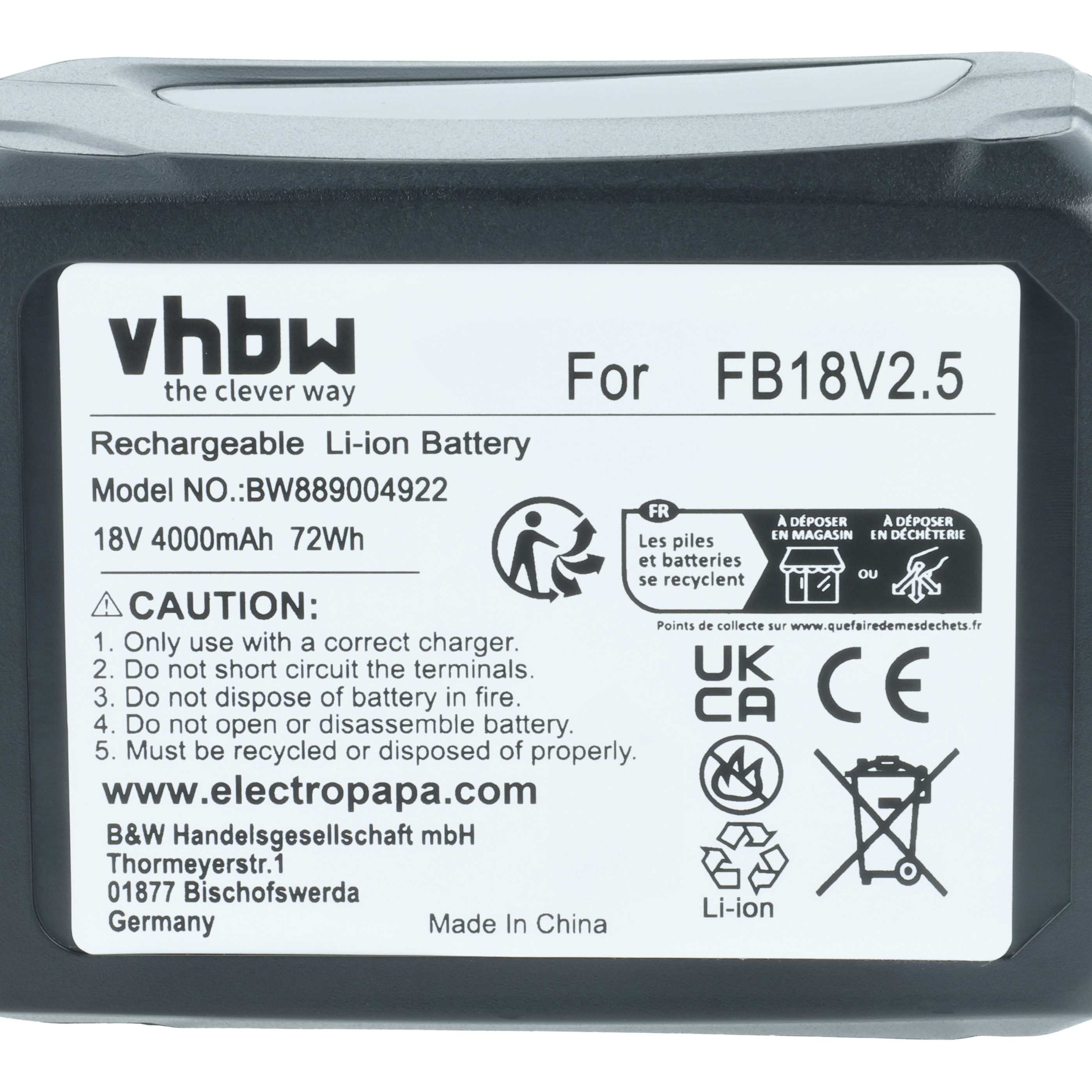 Battery replaces Flymo FB18V2.5 - 4000 mAh 18 V Li-Ion, black