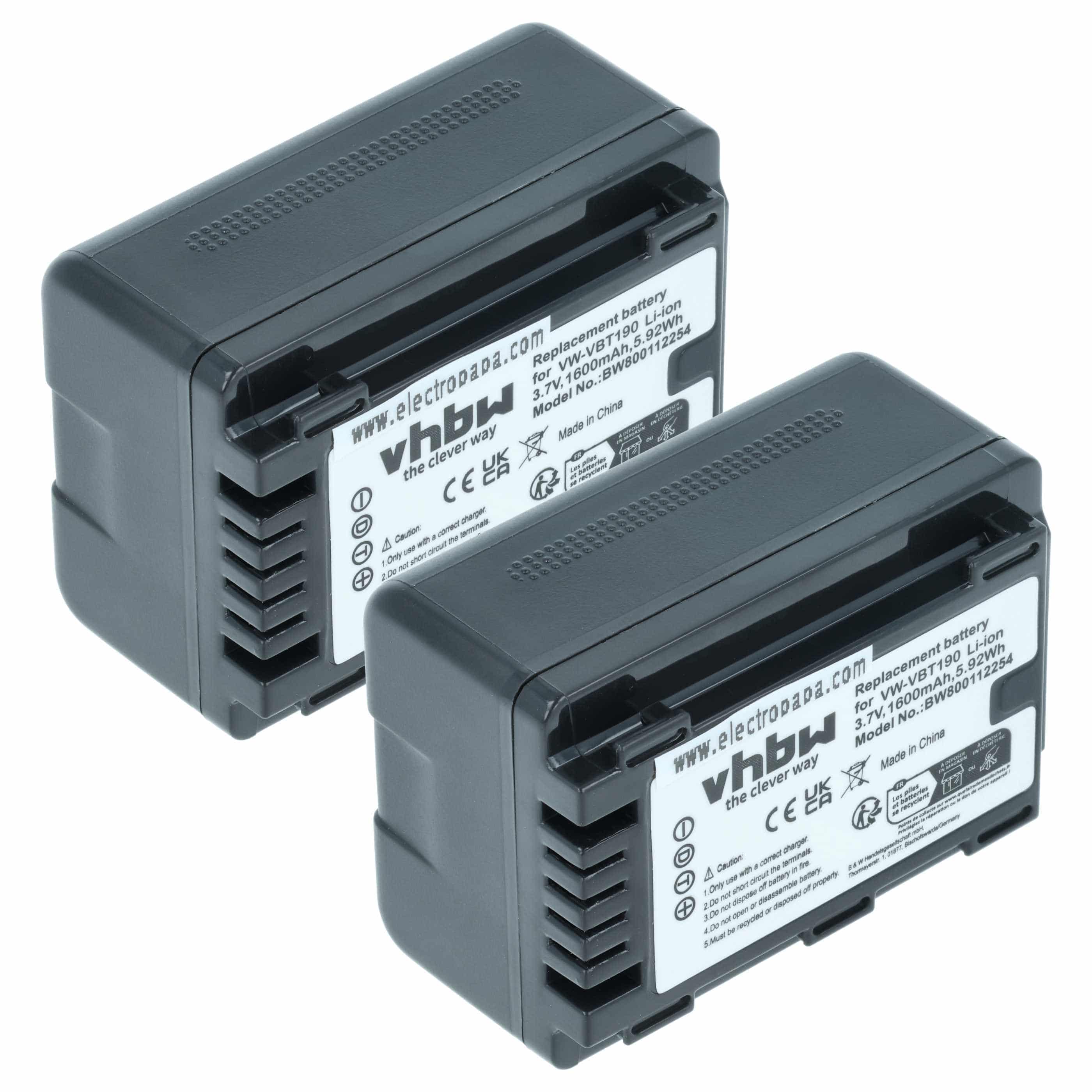 Videocamera 2x Battery replaces Panasonic VW-VBT190 - 1600 mAh 3.6 V Li-Ion