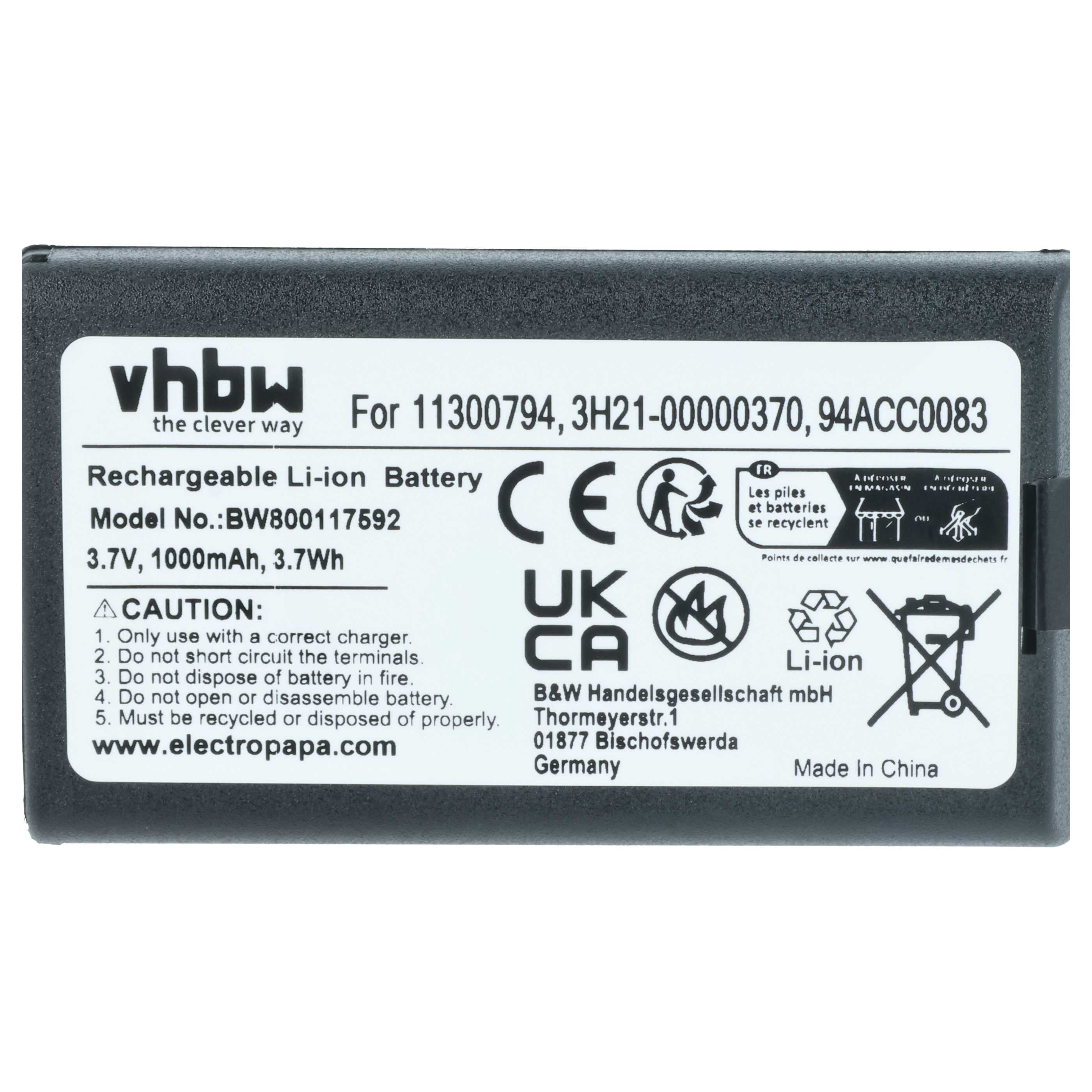 2x Akku als Ersatz für Datalogic 11300794, 3H21-00000370 für Datalogic Barcodescanner - 1000mAh 3,7V Li-Ion