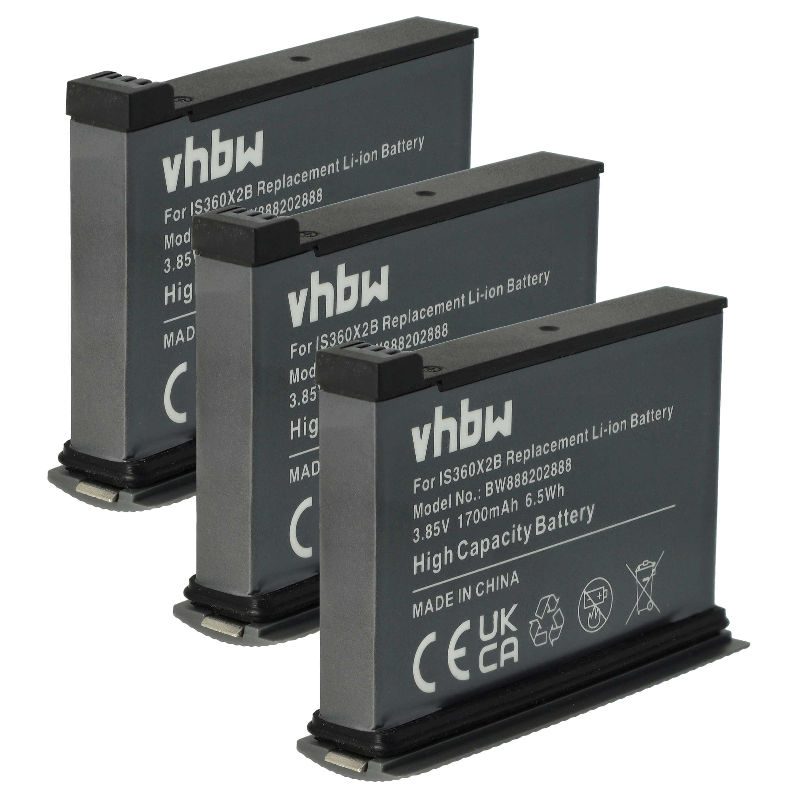 3x Battery replaces Insta360 CINOSBT, CINOSBT/A - 1700mAh, 3.85V, Li-Ion