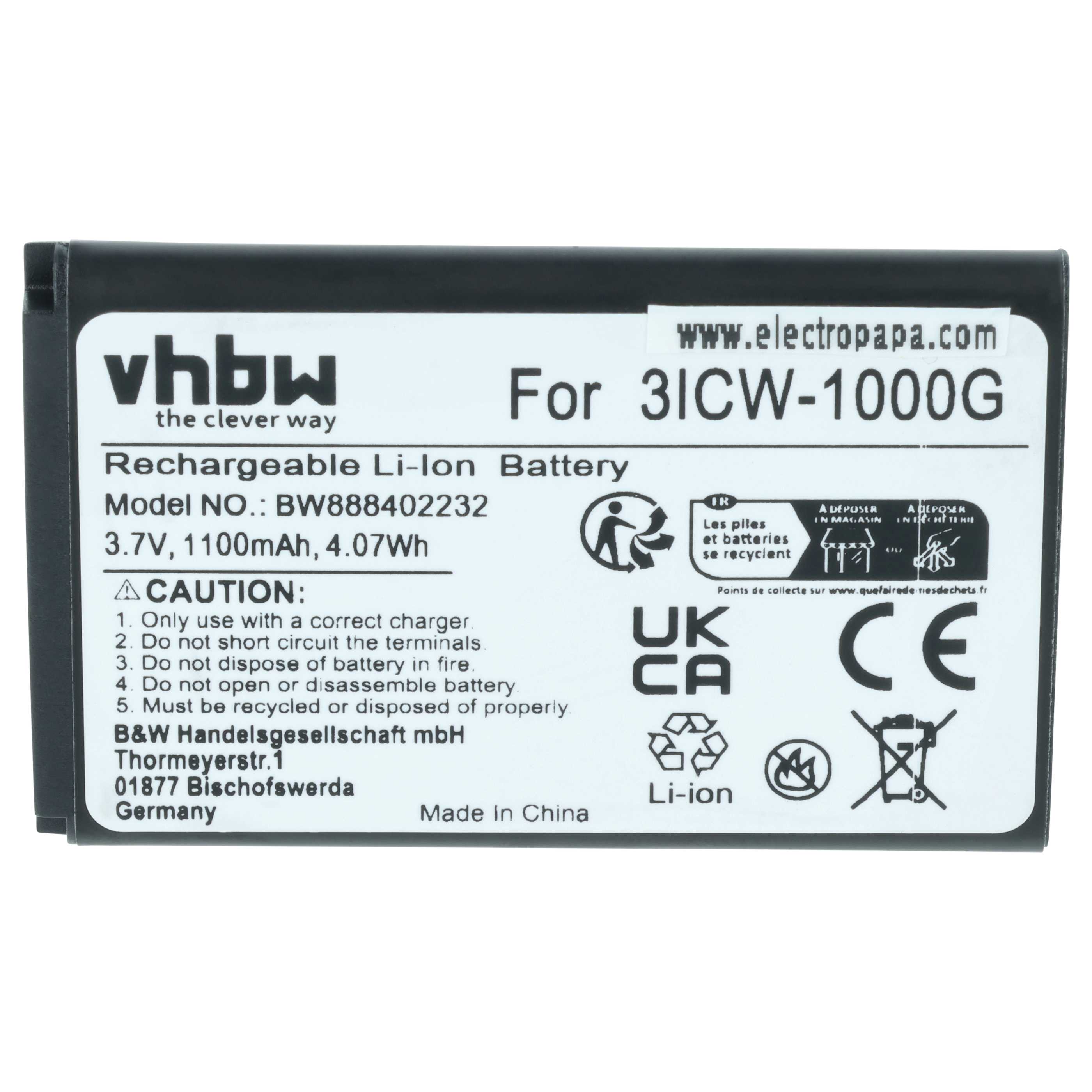 Batterie remplace UniData / Incom 3ICW-1000G pour téléphone SIP UniData / Incom - 1100mAh 3,7V Li-ion