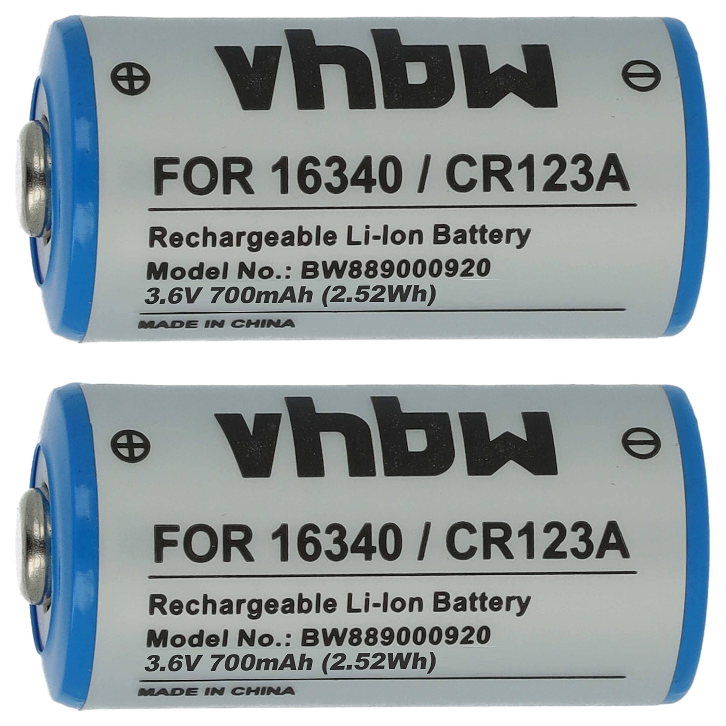 Batteries (2x pièces) remplace 16340, CR123R, CR17335, CR17345, CR123A - 700mAh 3,6V Li-ion, 1x cellules