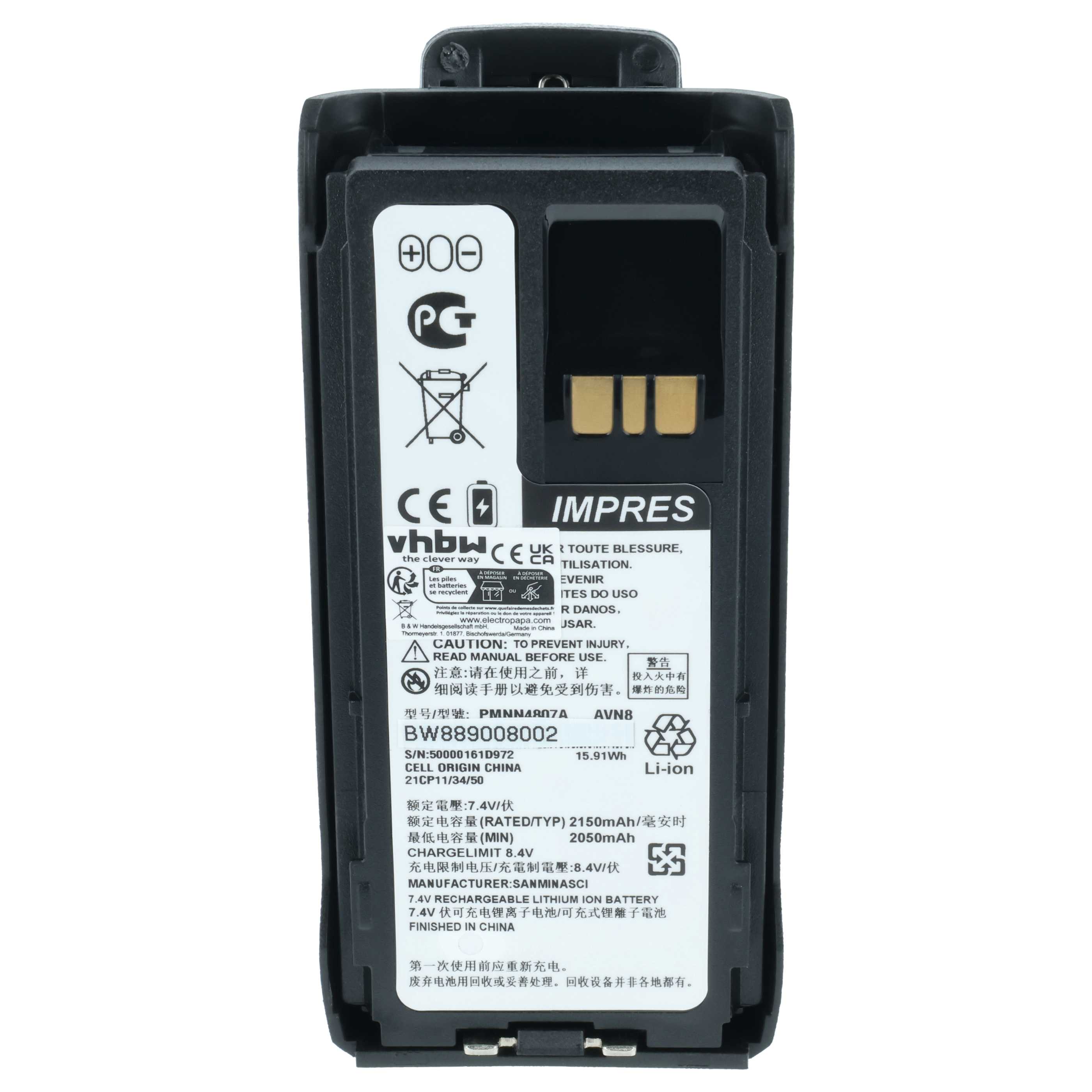 Radio 10x Battery replaces Motorola PMNN4807, PMNN4407A, PMNN4407 - 2150 mAh 8.4 V Li-Ion + Belt Clip