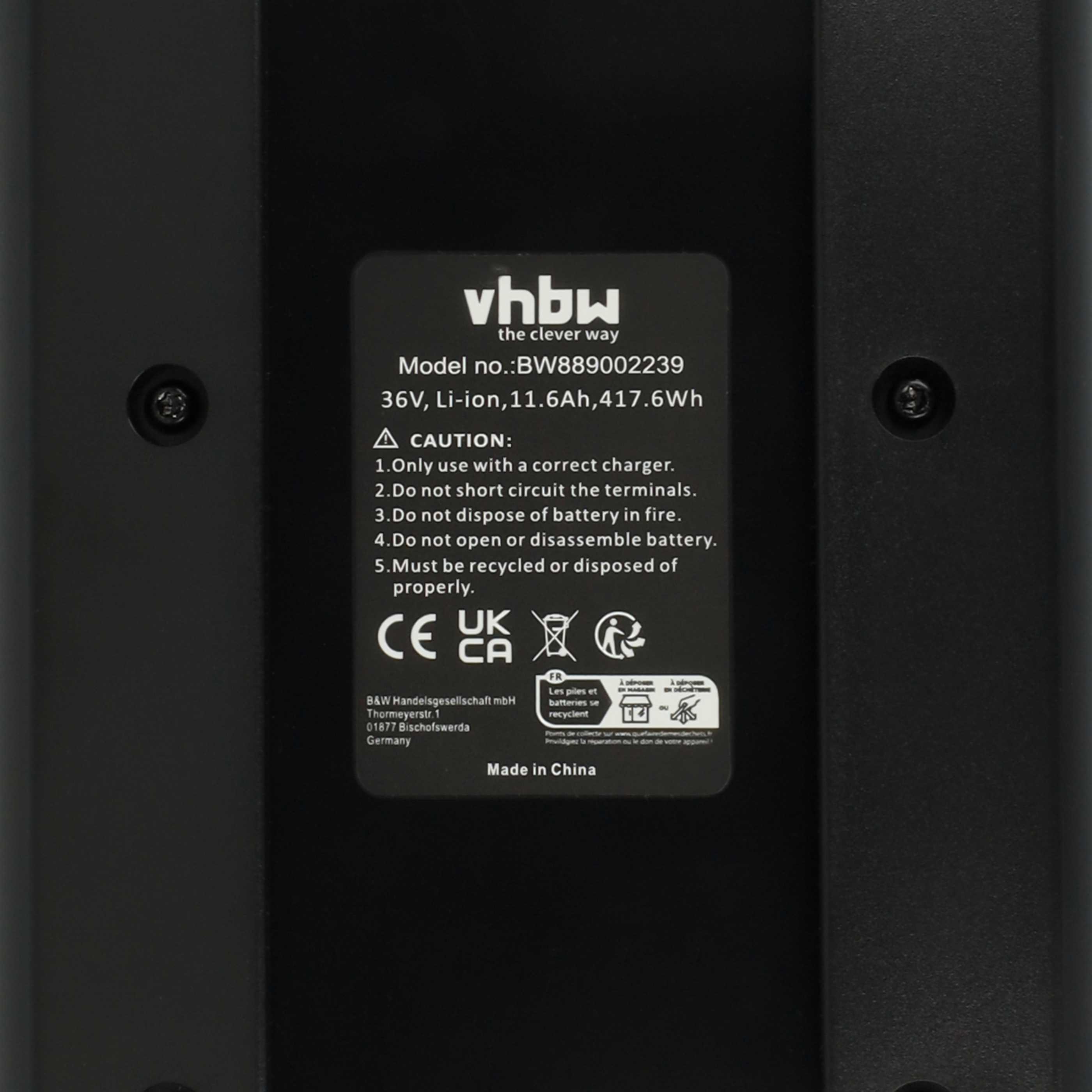 E-Bike Battery Replacement for Bosch 0 275 007 502, 0 275 007 505 - 11600mAh 36V Li-Ion, black