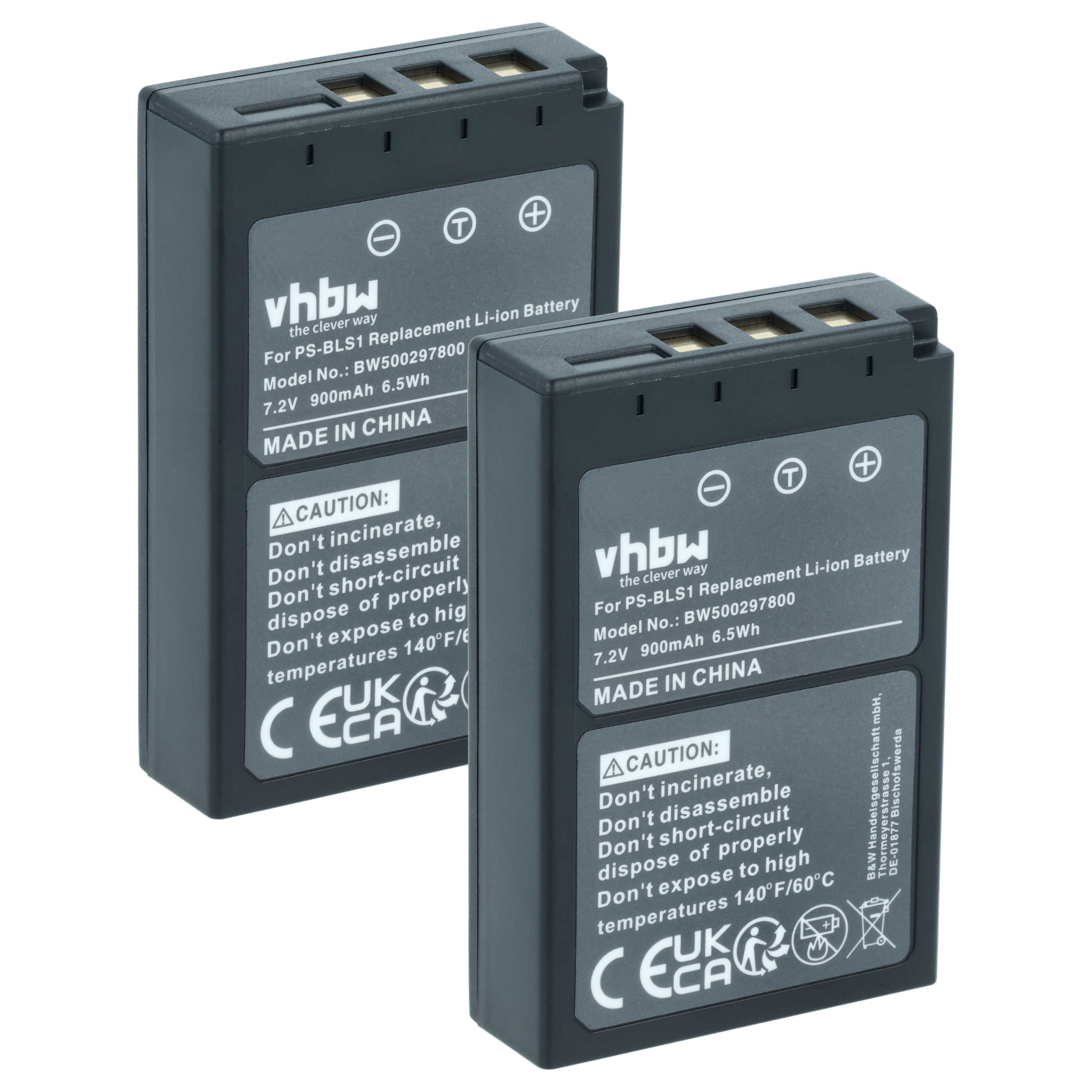 2x Battery replaces Olympus PS-BLS1 - 900mAh, 7.2V, Li-Ion