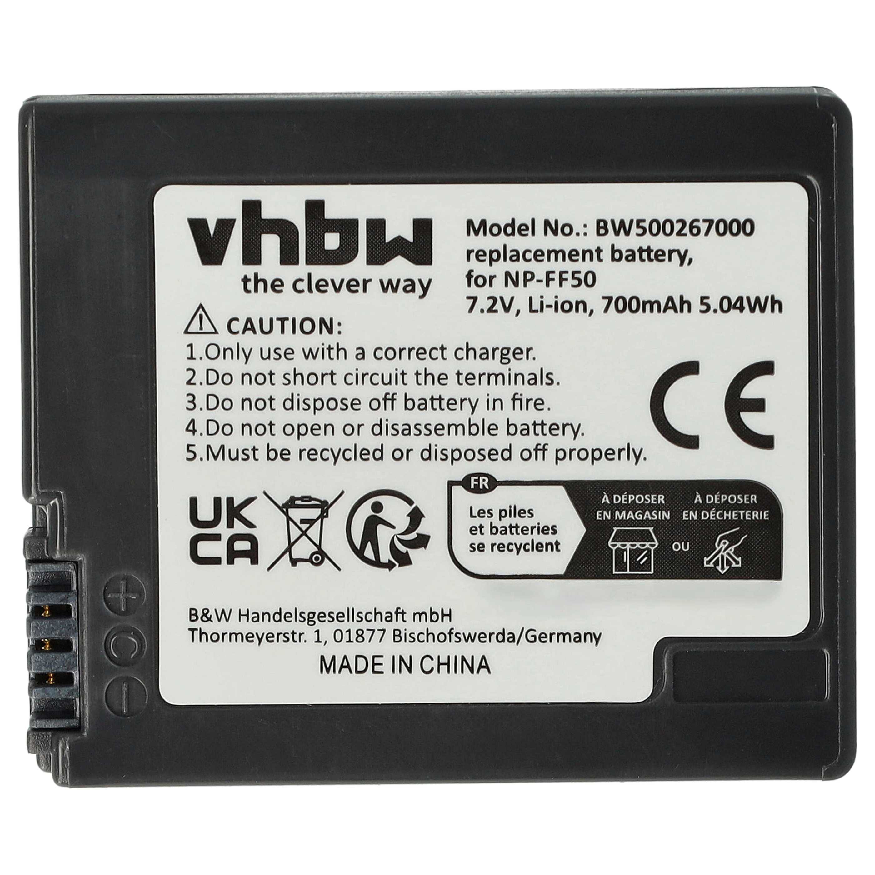 Videocamera Battery Replacement for Sony NP-FF51, NP-FF50 - 700 mAh 7.2 V Li-Ion