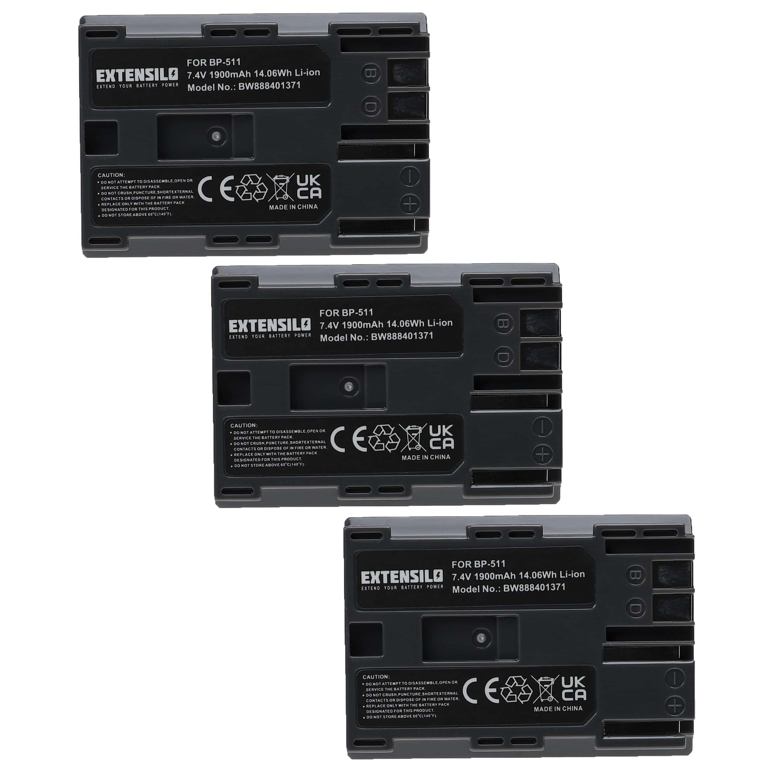 3x Battery replaces Canon BP-535, BP-512, BP-511A, BP-522, BP-514, BP-511, BP-508 - 1900mAh, 7.4V, Li-Ion