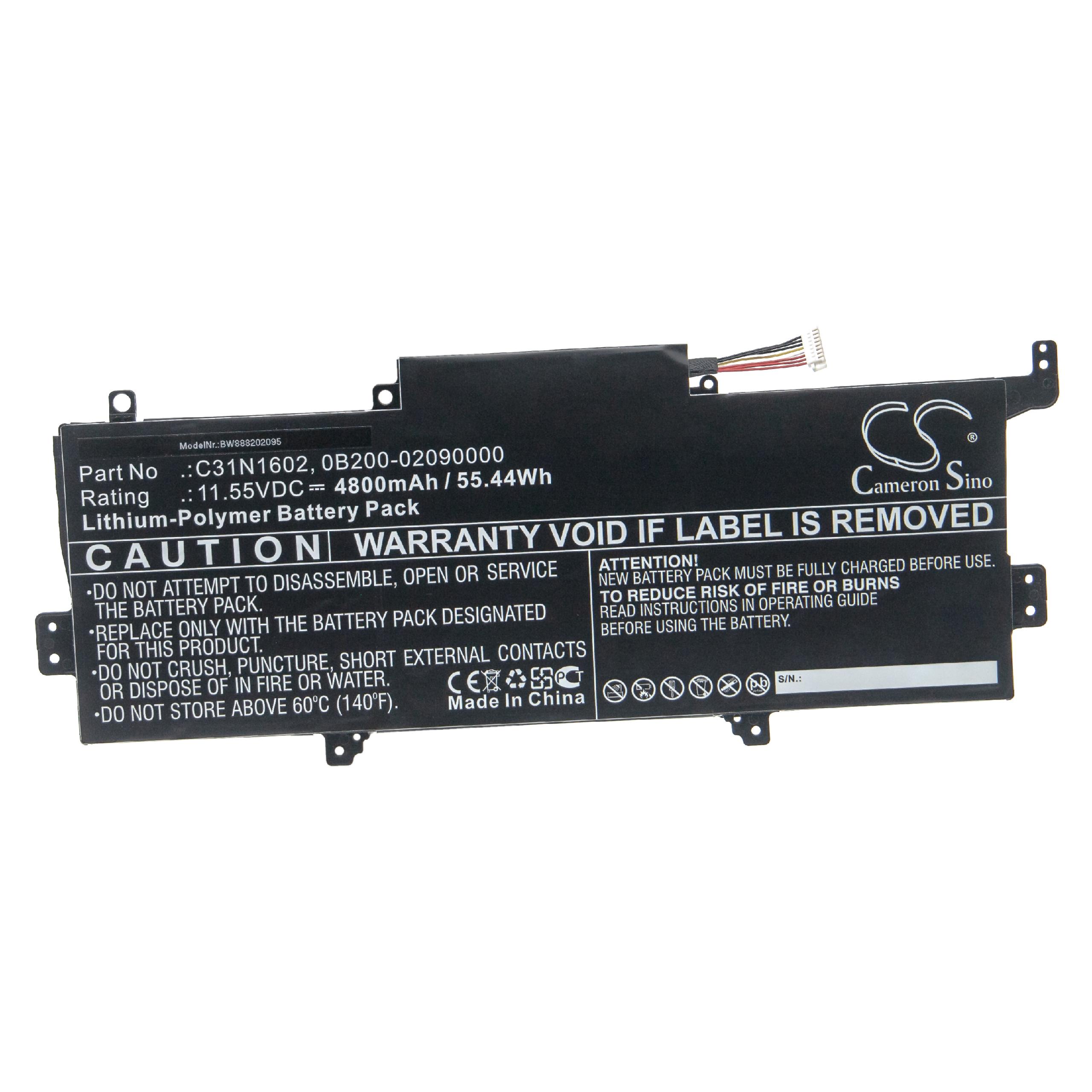 Batterie remplace Asus C31N1602, 0B200-02090000 pour ordinateur portable - 4800mAh 11,55V Li-polymère, noir