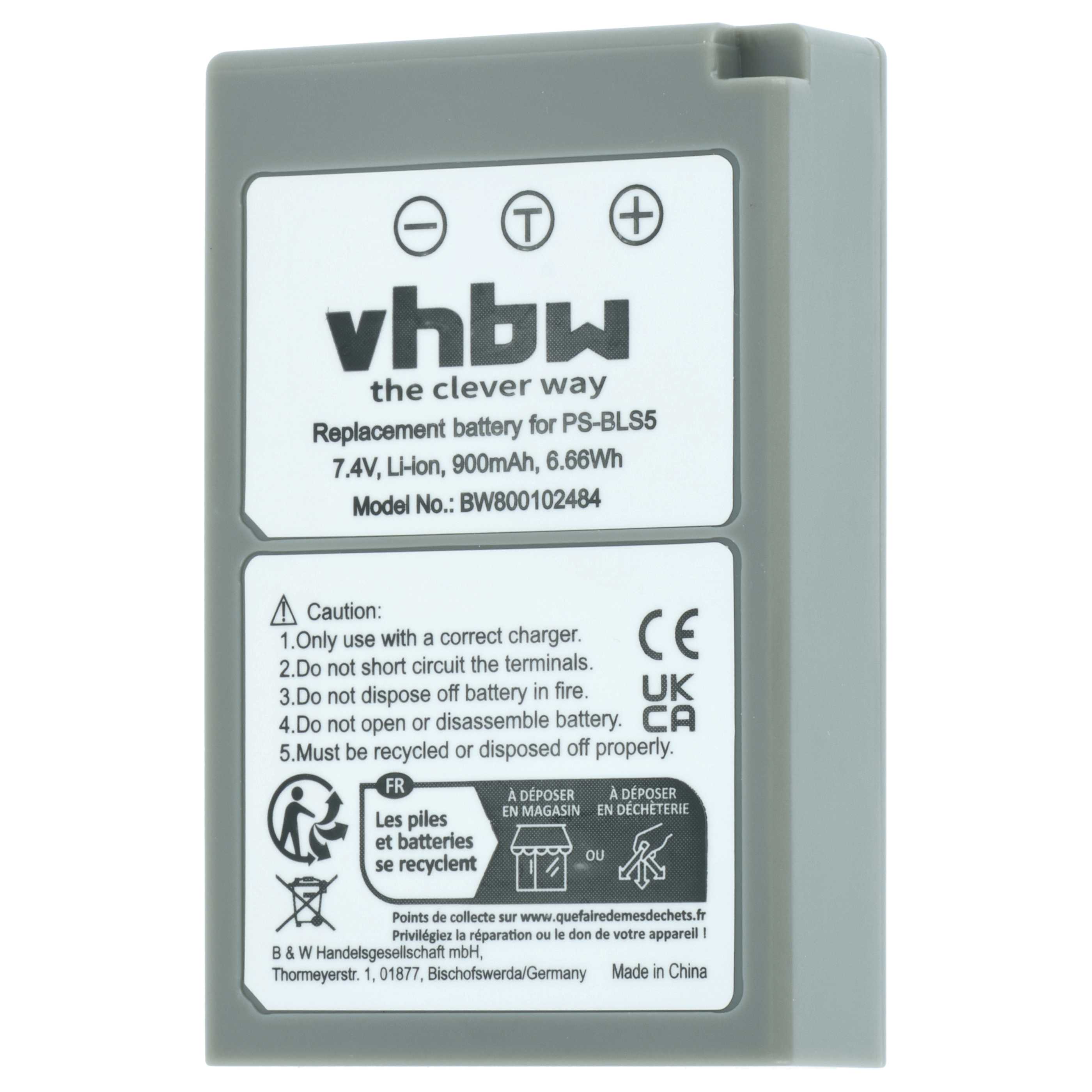 Batteria sostituisce Olympus PS-BLS5, BLS50, BLS-5, BLS-50 per fotocamera - 900mAh 7,2V Li-Ion