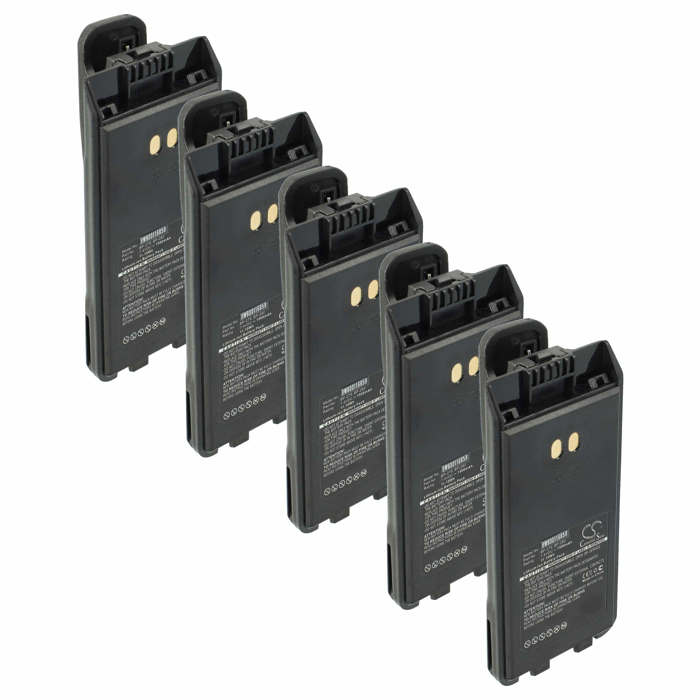 Radio 5x Battery replaces Icom BP-279, BP-280, BP-280LI - 1500 mAh 7.4 V Li-Ion + Belt Clip