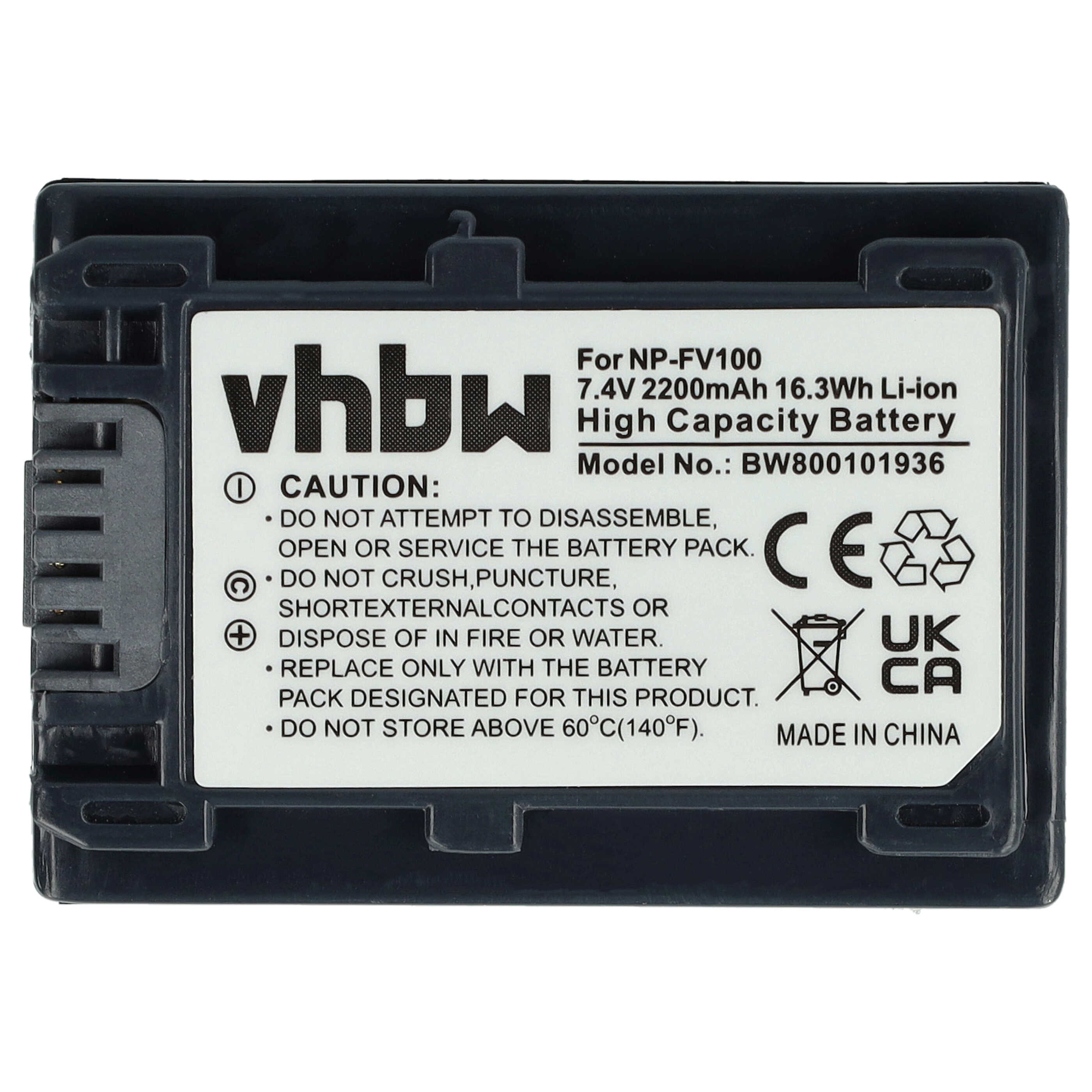 Videocamera Battery Replacement for Sony NP-FV100 - 2200mAh 7.2V Li-Ion