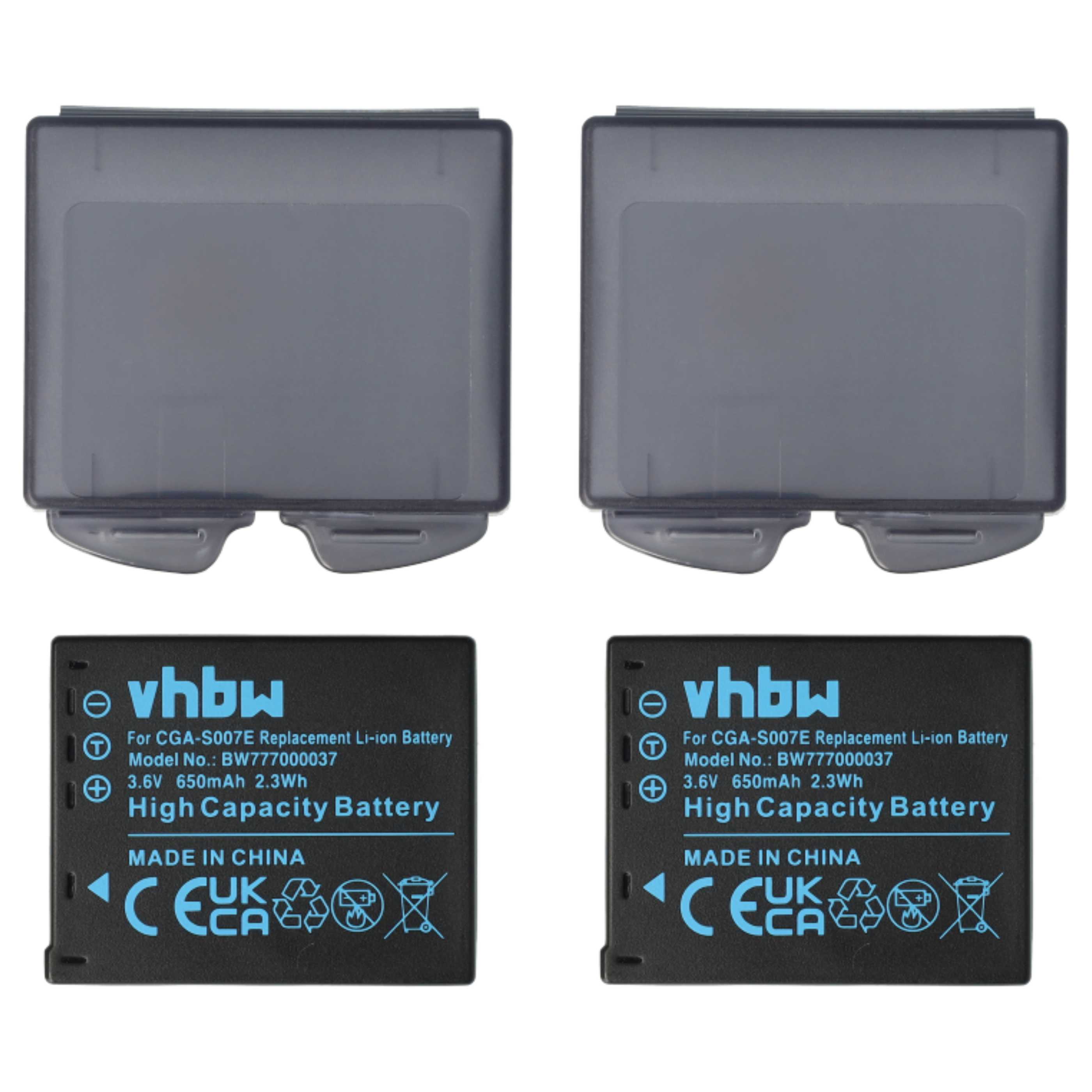 2x Battery suitable for Panasonic Lumix DMC-TZ1, DMC-TZ2, DMC-TZ3, DMC-TZ4, DMC-TZ5 - 650mAh, 3.6V, Li-Ion