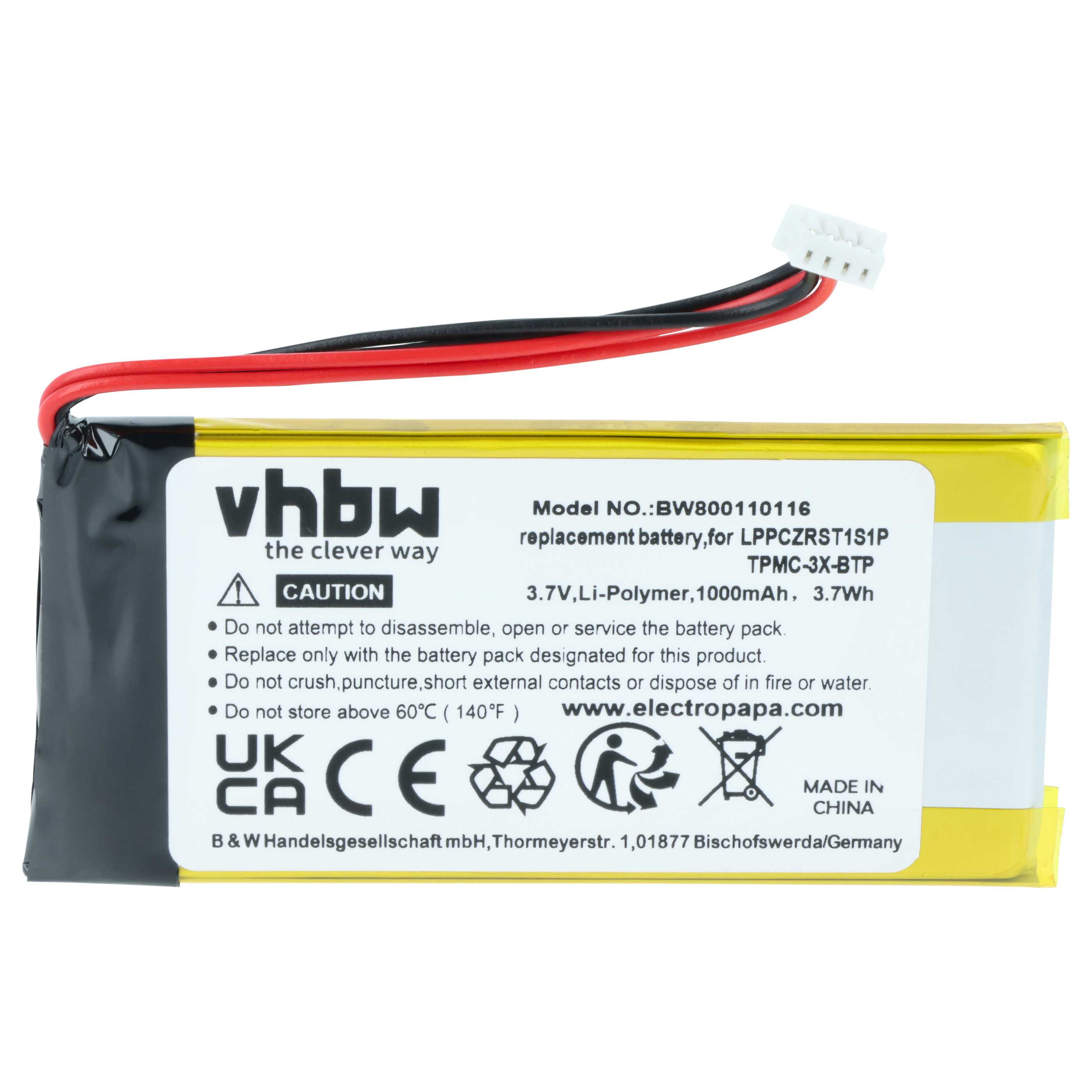 Remote Control Battery replaces Crestron LPPCZRST1S1P, TPMC-3X-BTP - 1000 mAh 3.7 V Li-polymer