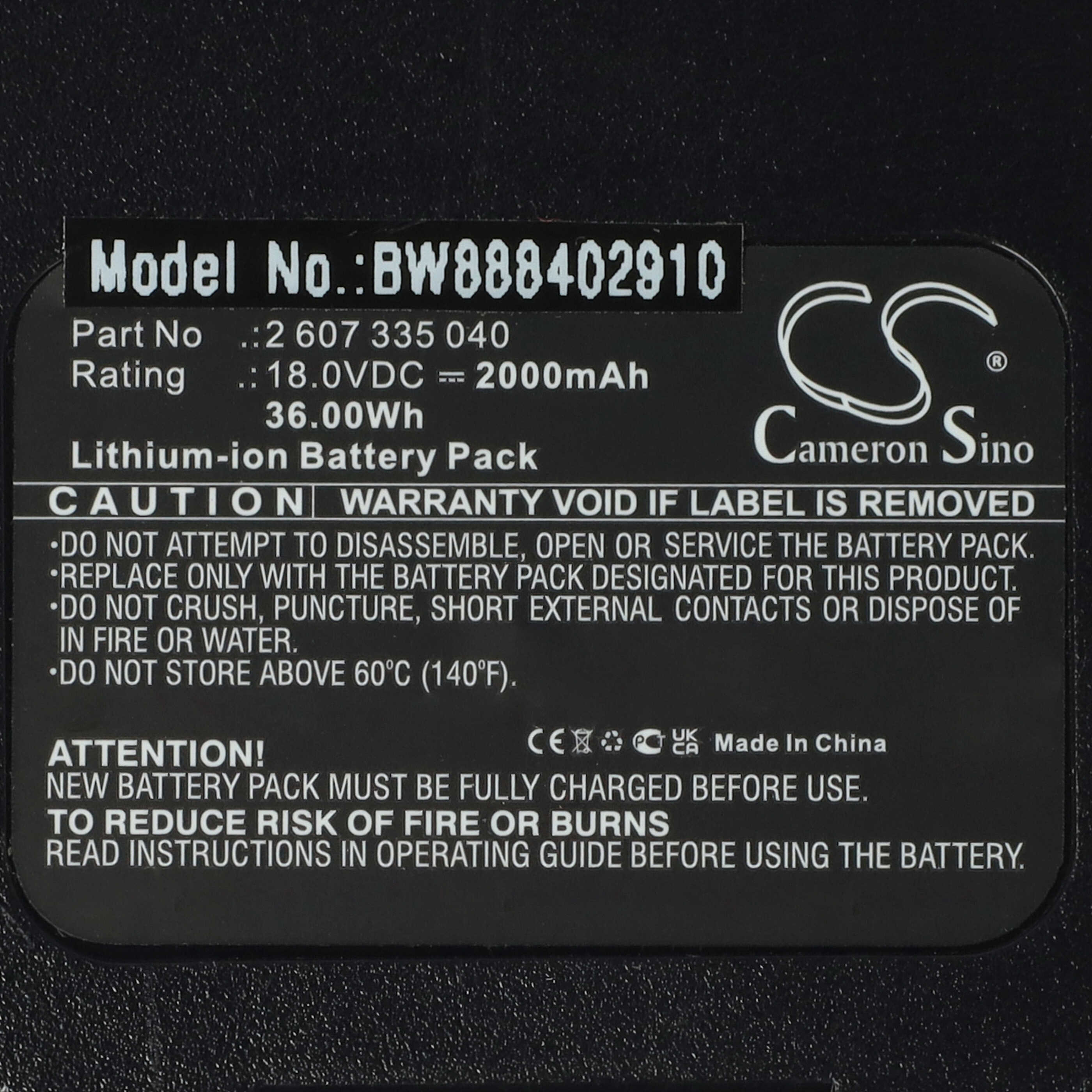Batería reemplaza Bosch 2 607 335 040, 1 600 A00 DD7, 1 600 Z00 000 para herramienta - 2000 mAh, 18 V, Li-Ion